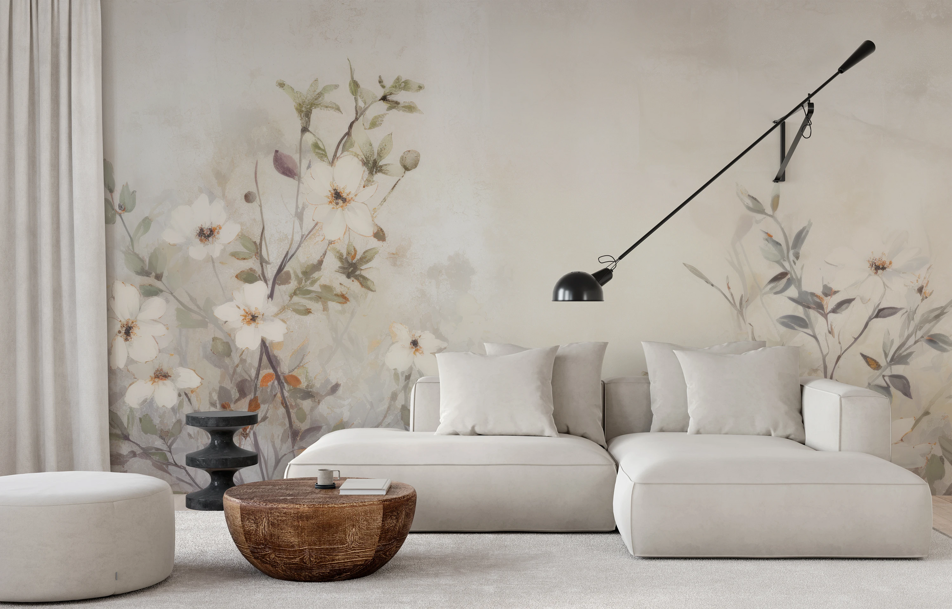 Wzór fototapety artystycznej o nazwie TranquilGreens pokazanej w aranżacji wnętrza.