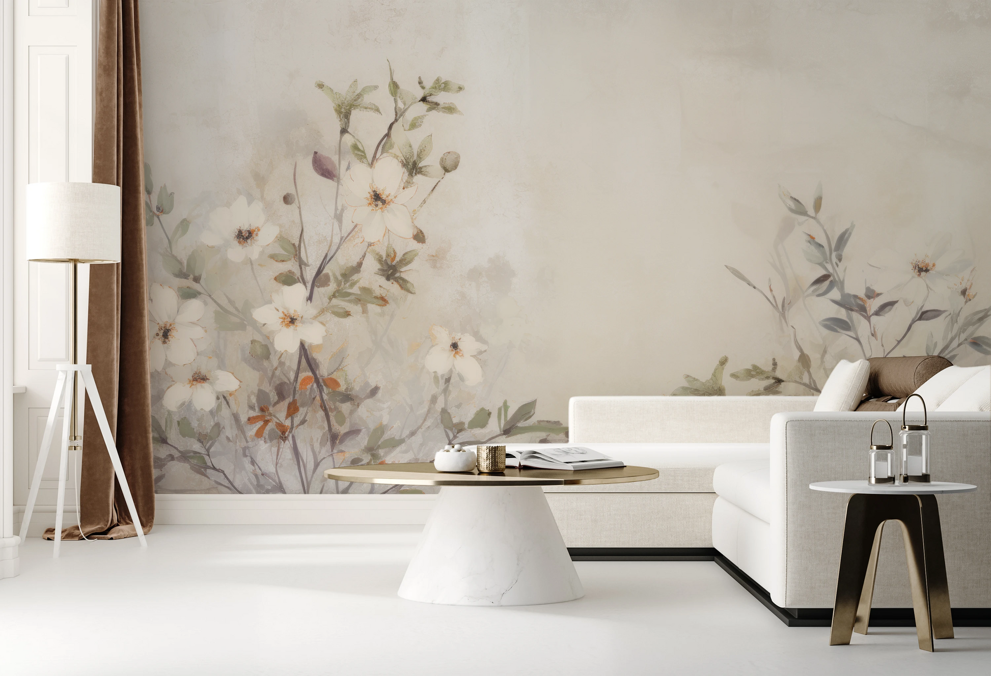 Zdjęcie prezentuje aranżację wnętrza z użyciem fototapety o nazwie TranquilGreens pokazanej w aranżacji wnętrza.