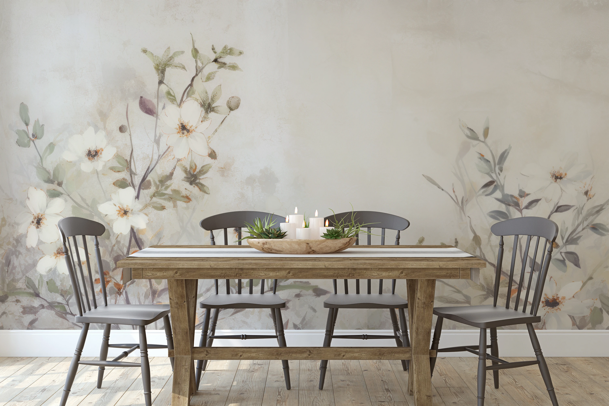 Wzór fototapety artystycznej o nazwie TranquilGreens pokazanej w aranżacji wnętrza.