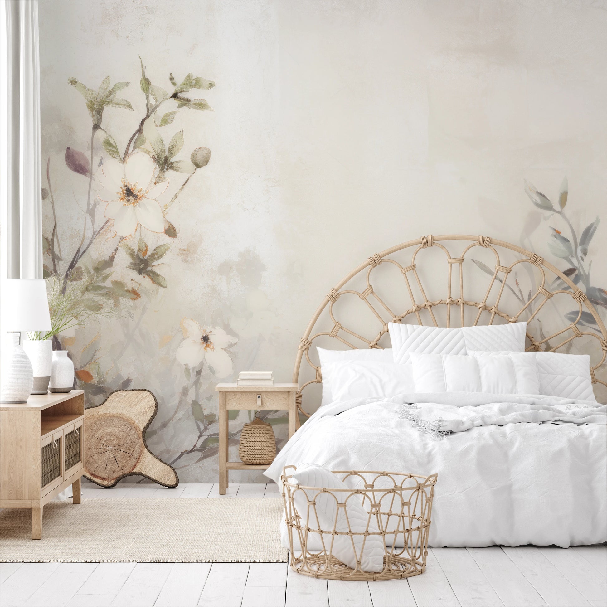 Wzór fototapety malowanej o nazwie TranquilGreens pokazanej w aranżacji wnętrza.