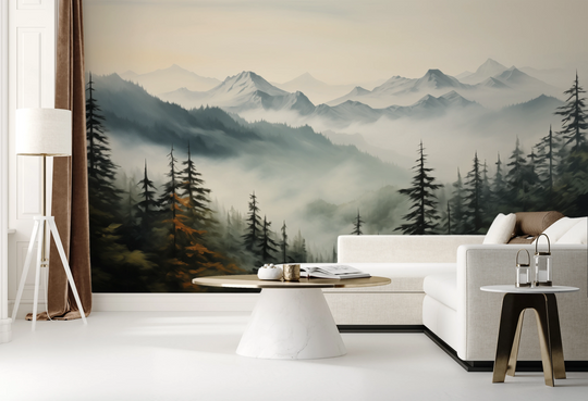 Wzór fototapety artystycznej o nazwie Dawn Silhouettes pokazanej w aranżacji wnętrza.