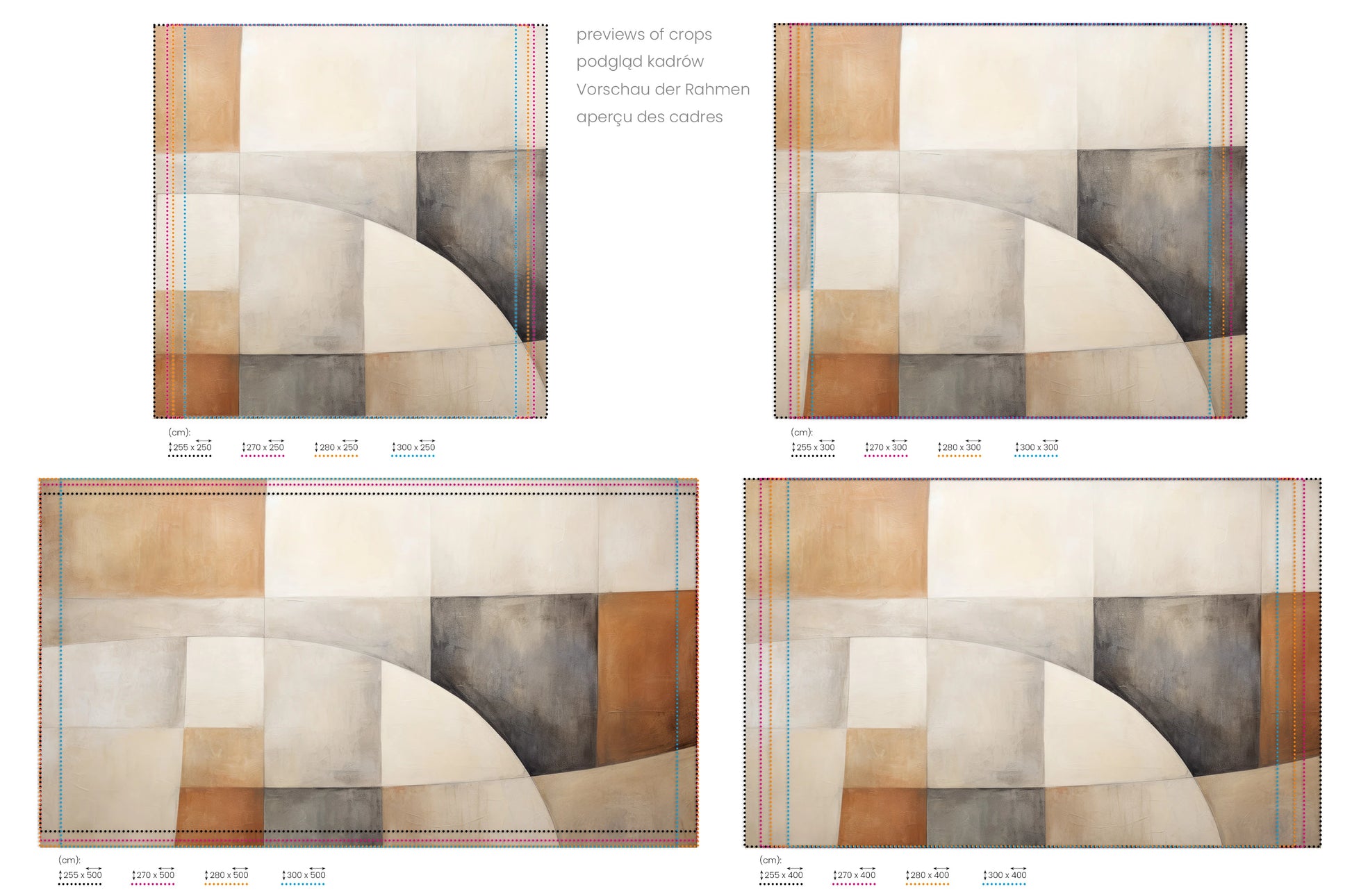 Na obrazie znajduje się prezentacja przykładowych rozmiarów fototapety o nazwie Abstract Harmony #3. Rozmiar fototapety jest dowolny.