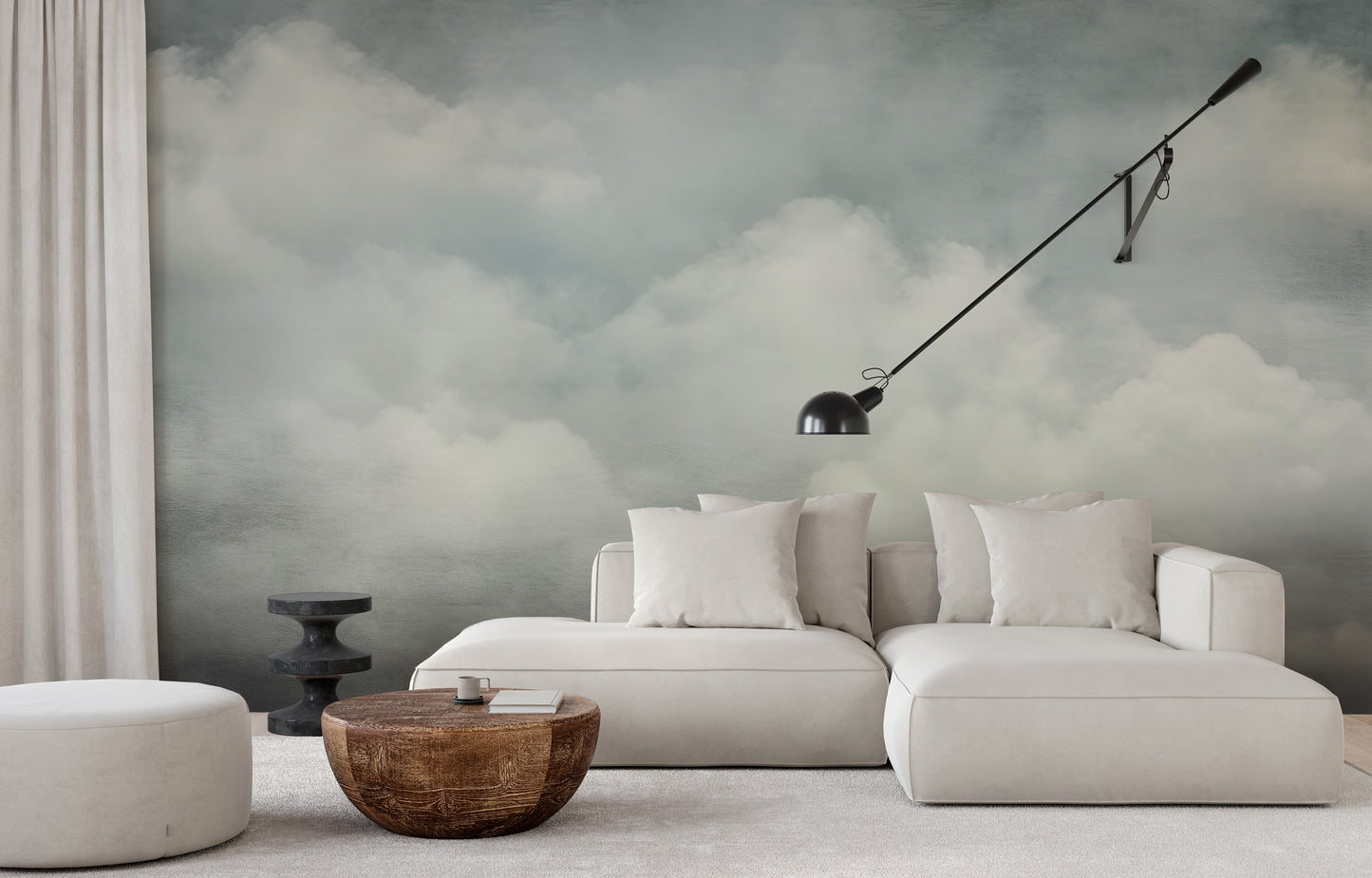 Wzór fototapety o nazwie SOFT CLOUDS REPOSE pokazanej w kontekście pomieszczenia.