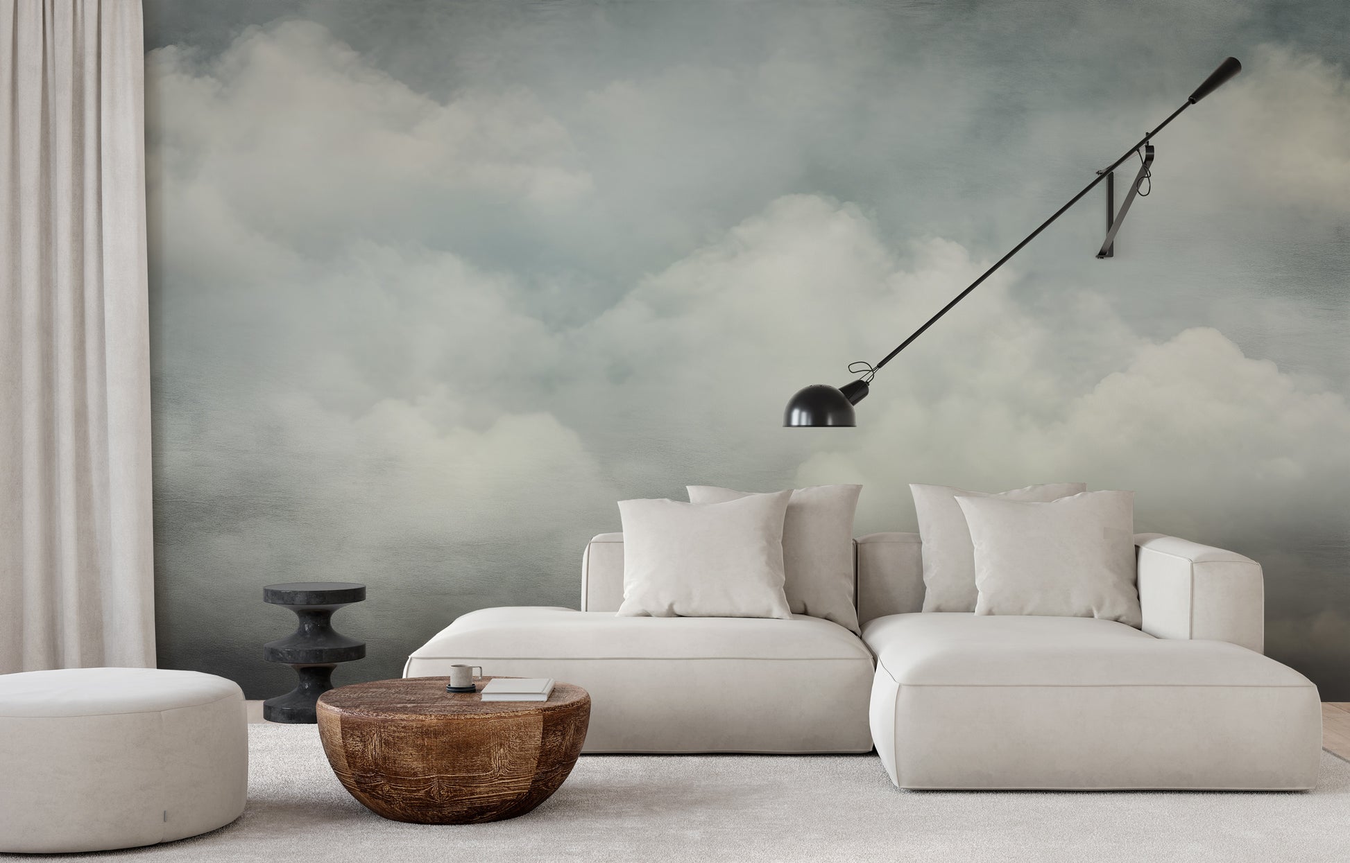 Wzór fototapety o nazwie SOFT CLOUDS REPOSE pokazanej w kontekście pomieszczenia.