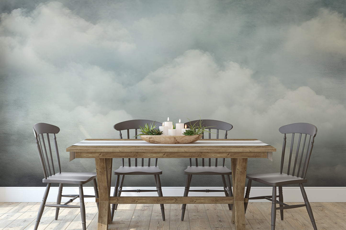 Wzór fototapety artystycznej o nazwie SOFT CLOUDS REPOSE pokazanej w aranżacji wnętrza.