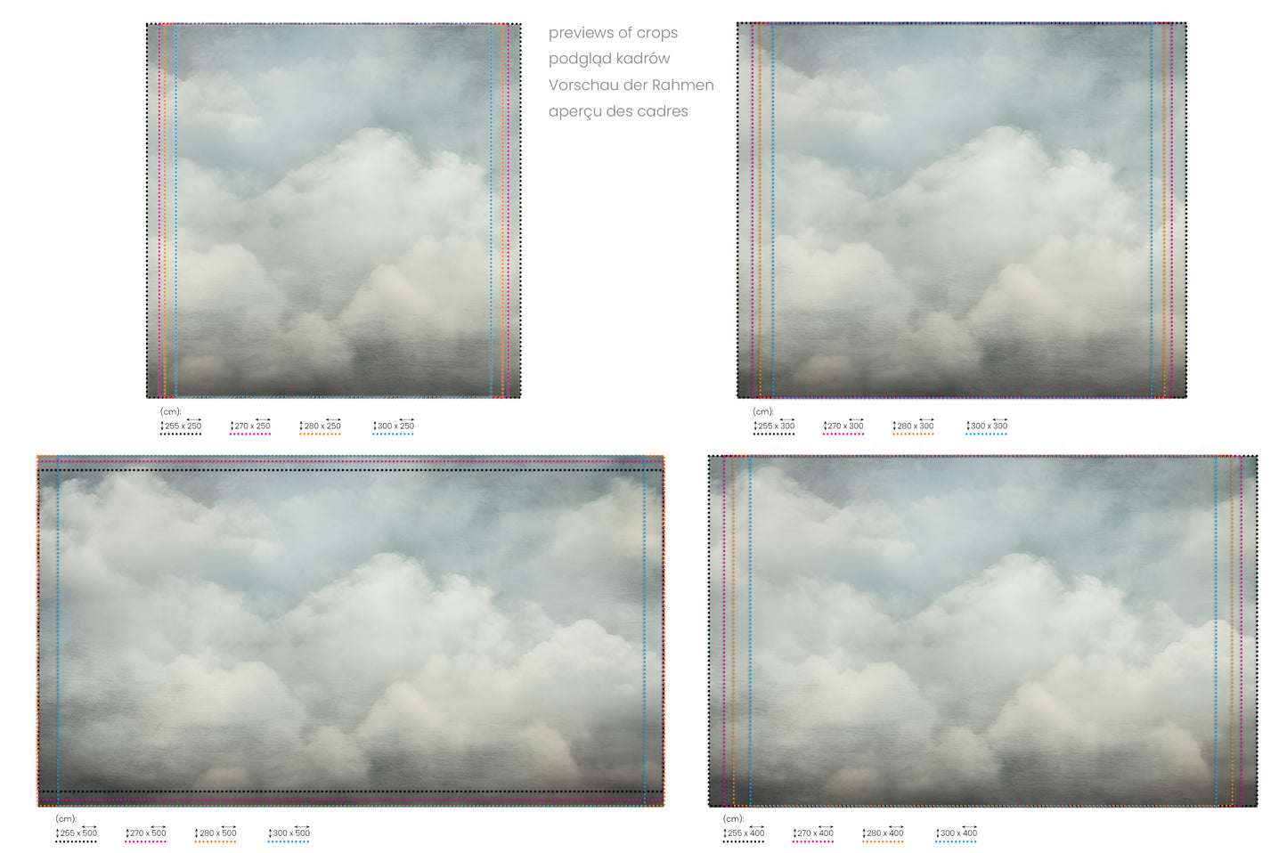 Na obrazie znajduje się prezentacja przykładowych rozmiarów fototapety o nazwie SOFT CLOUDS REPOSE. Rozmiar fototapety jest dowolny.