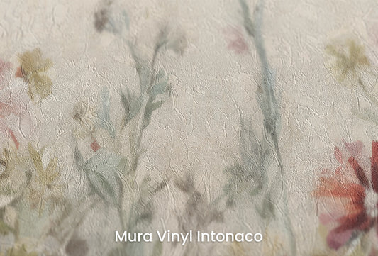 Zbliżenie na artystyczną fototapetę o nazwie Crimson Meadow na podłożu Mura Vinyl Intonaco - struktura tartego tynku.