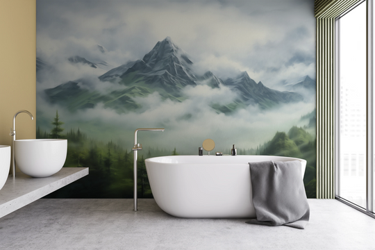 Wzór fototapety artystycznej o nazwie Emerald Fog pokazanej w aranżacji wnętrza.