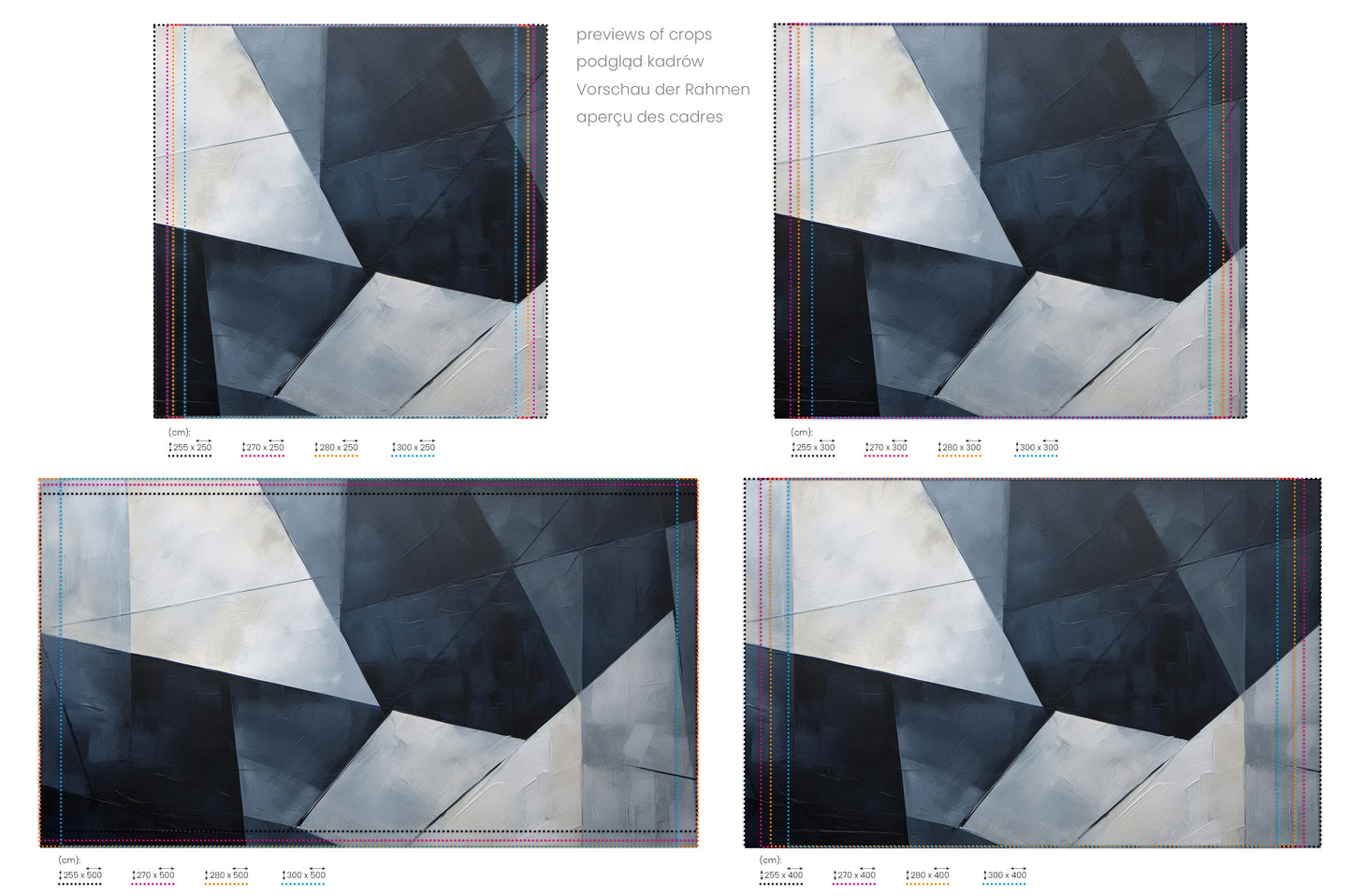 Na obrazie znajduje się prezentacja przykładowych rozmiarów fototapety o nazwie Geometric Depths #2. Rozmiar fototapety jest dowolny.