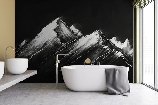 Wzór fototapety artystycznej o nazwie Noir Peaks pokazanej w aranżacji wnętrza.
