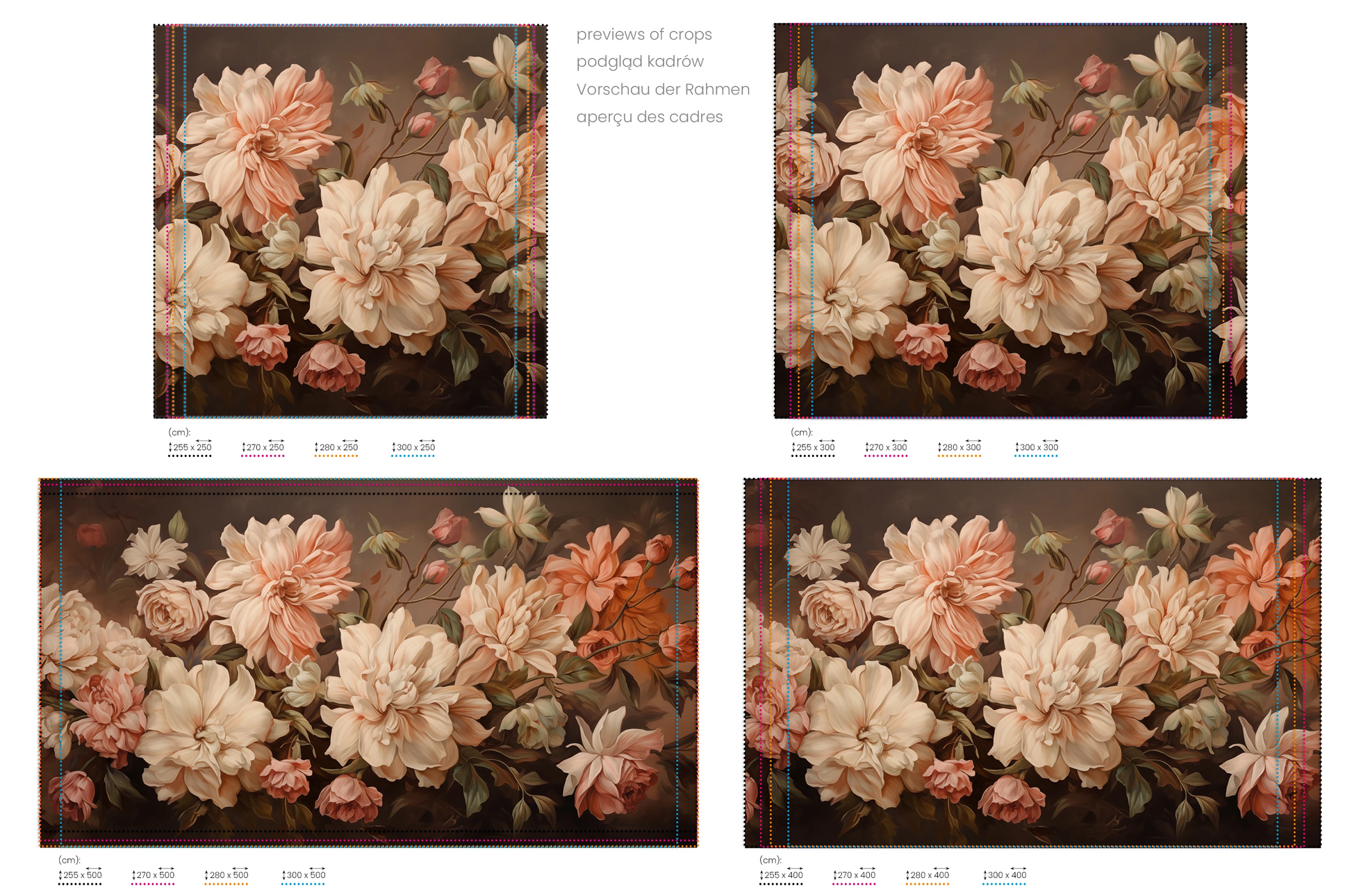 Na obrazie znajduje się prezentacja przykładowych rozmiarów fototapety o nazwie Vintage Bloom. Rozmiar fototapety jest dowolny.