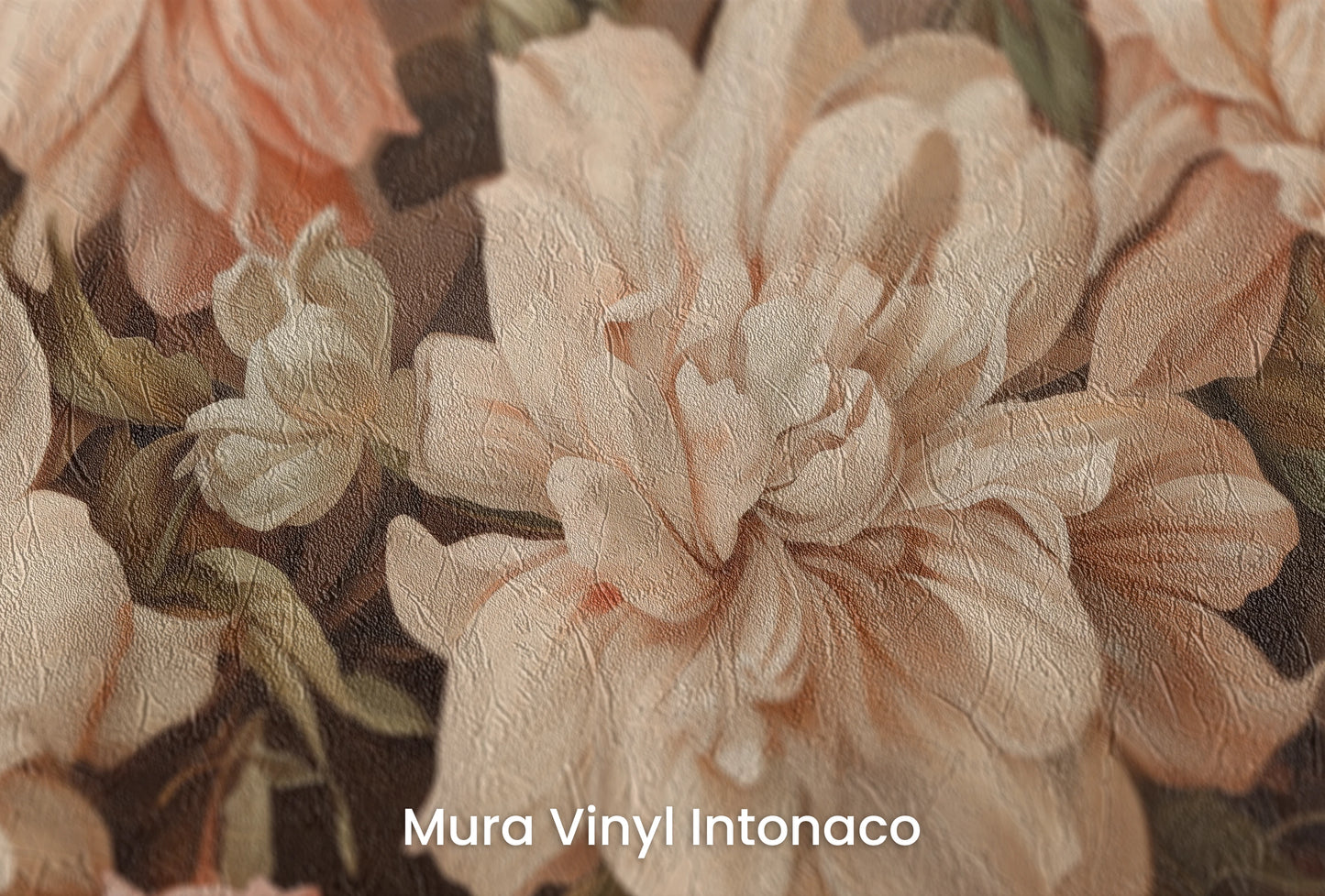 Zbliżenie na artystyczną fototapetę o nazwie Vintage Bloom na podłożu Mura Vinyl Intonaco - struktura tartego tynku.