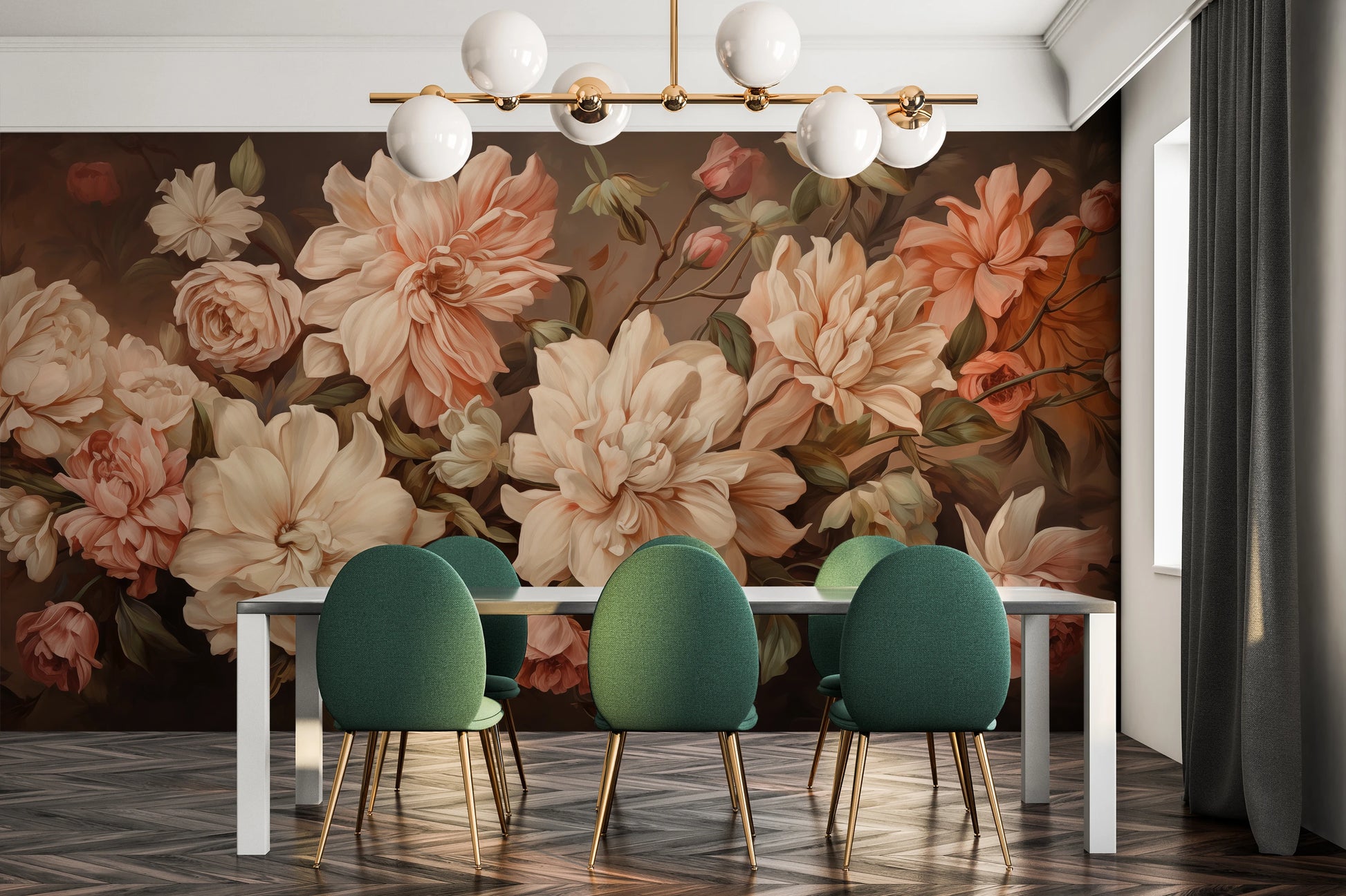 Wzór fototapety artystycznej o nazwie Vintage Bloom pokazanej w aranżacji wnętrza.