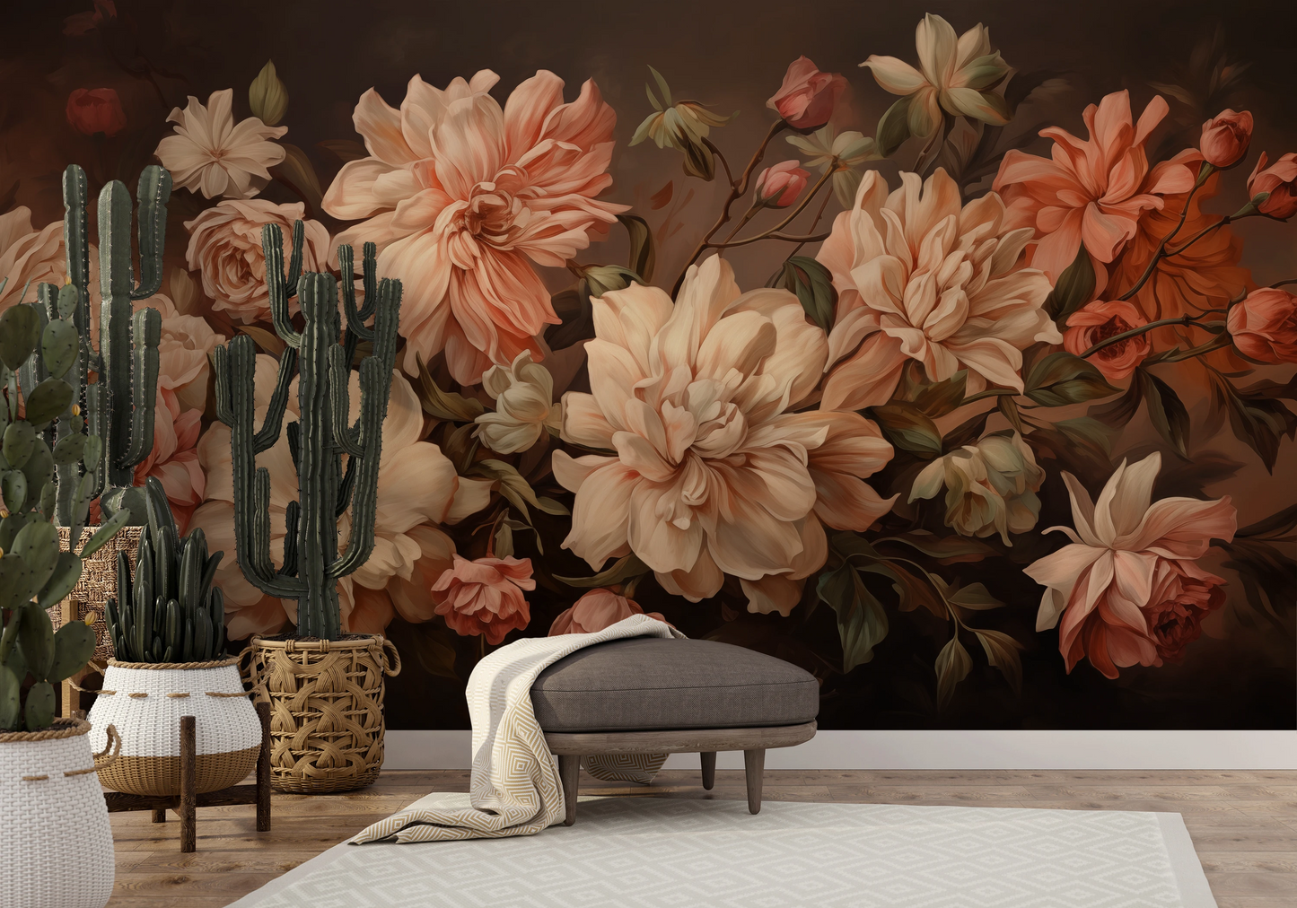 Wzór fototapety o nazwie Vintage Bloom pokazanej w kontekście pomieszczenia.