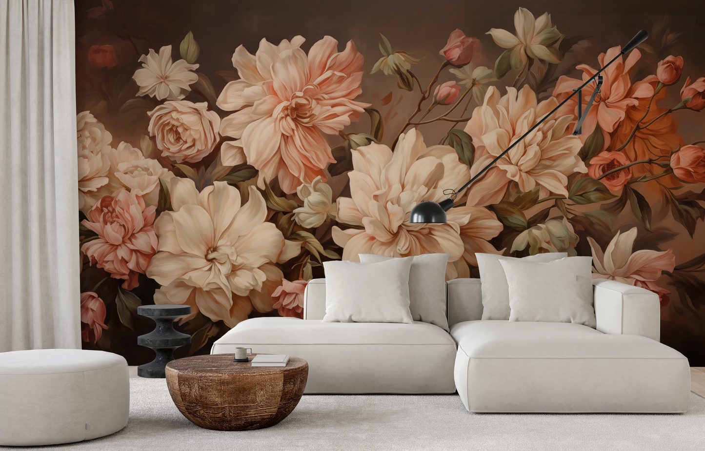 Zdjęcie prezentuje aranżację wnętrza z użyciem fototapety o nazwie Vintage Bloom pokazanej w aranżacji wnętrza.