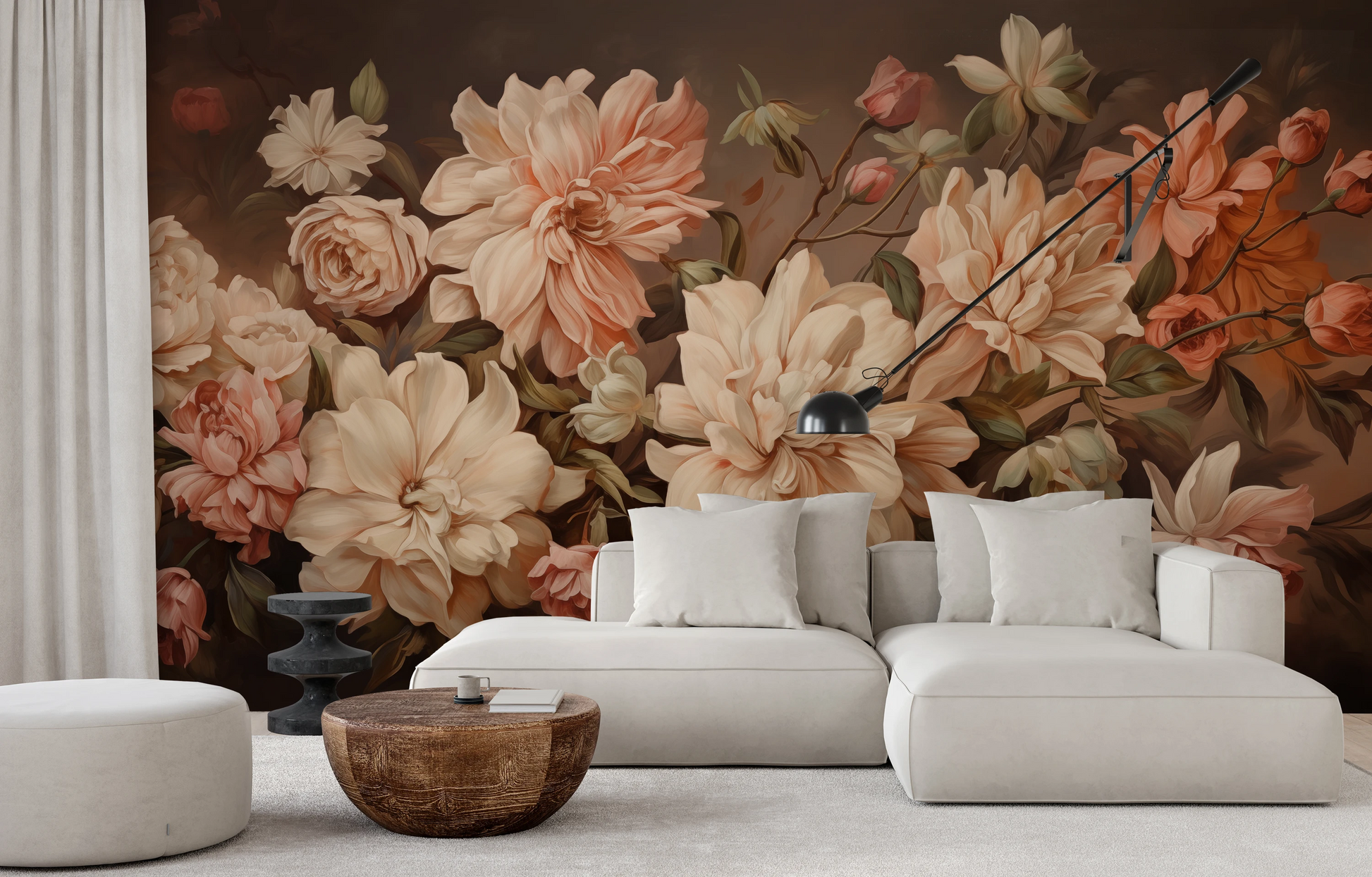 Zdjęcie prezentuje aranżację wnętrza z użyciem fototapety o nazwie Vintage Bloom pokazanej w aranżacji wnętrza.