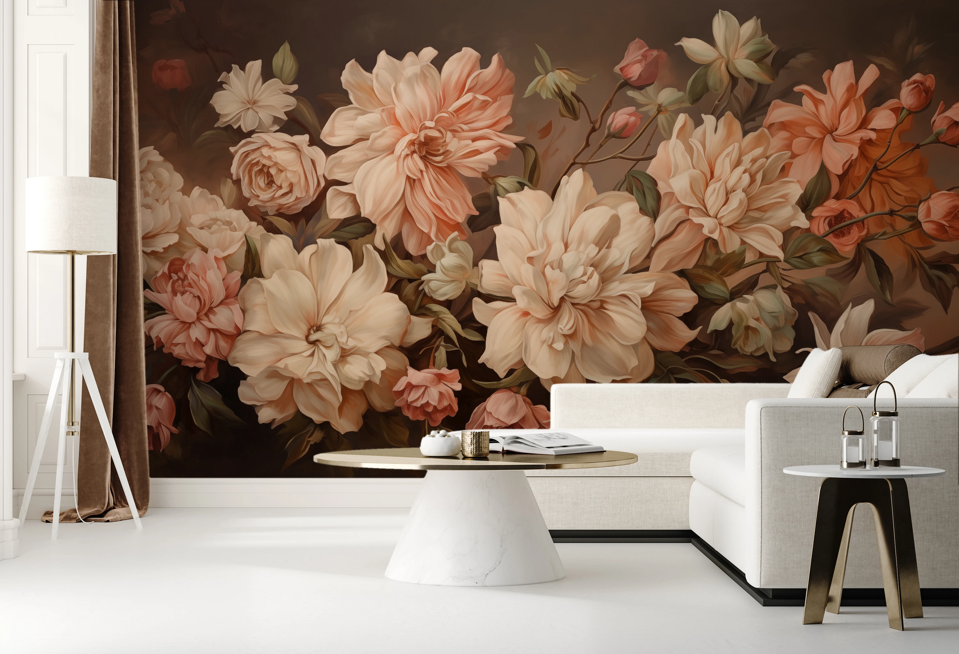 Wzór fototapety malowanej o nazwie Vintage Bloom pokazanej w aranżacji wnętrza.