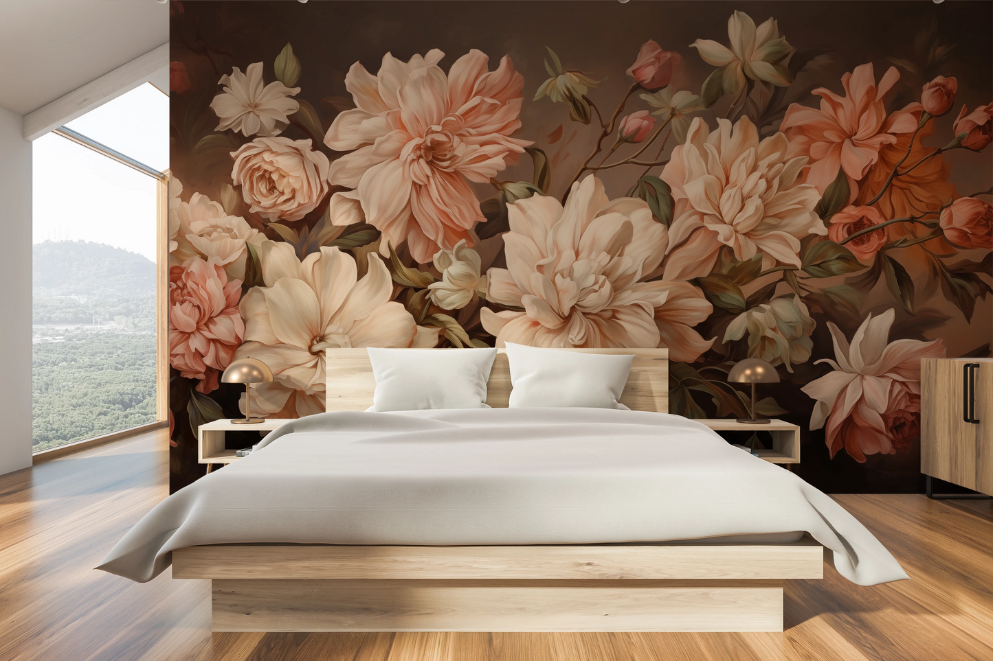 Wzór fototapety artystycznej o nazwie Vintage Bloom pokazanej w aranżacji wnętrza.