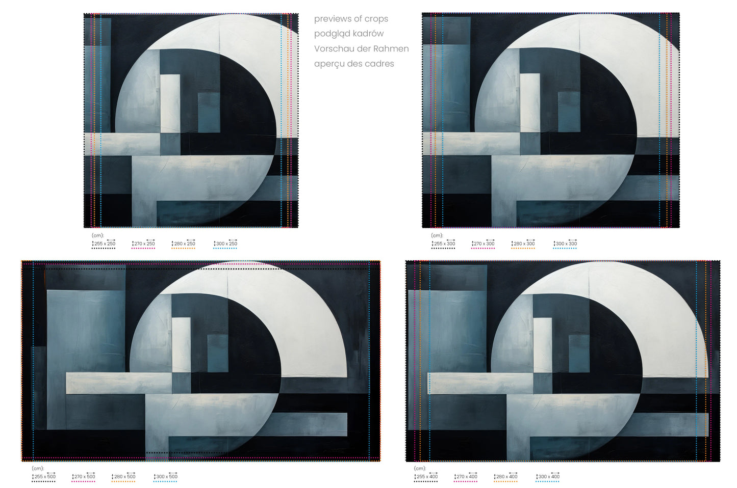 Na obrazie znajduje się prezentacja przykładowych rozmiarów fototapety o nazwie Geometric Depths. Rozmiar fototapety jest dowolny.