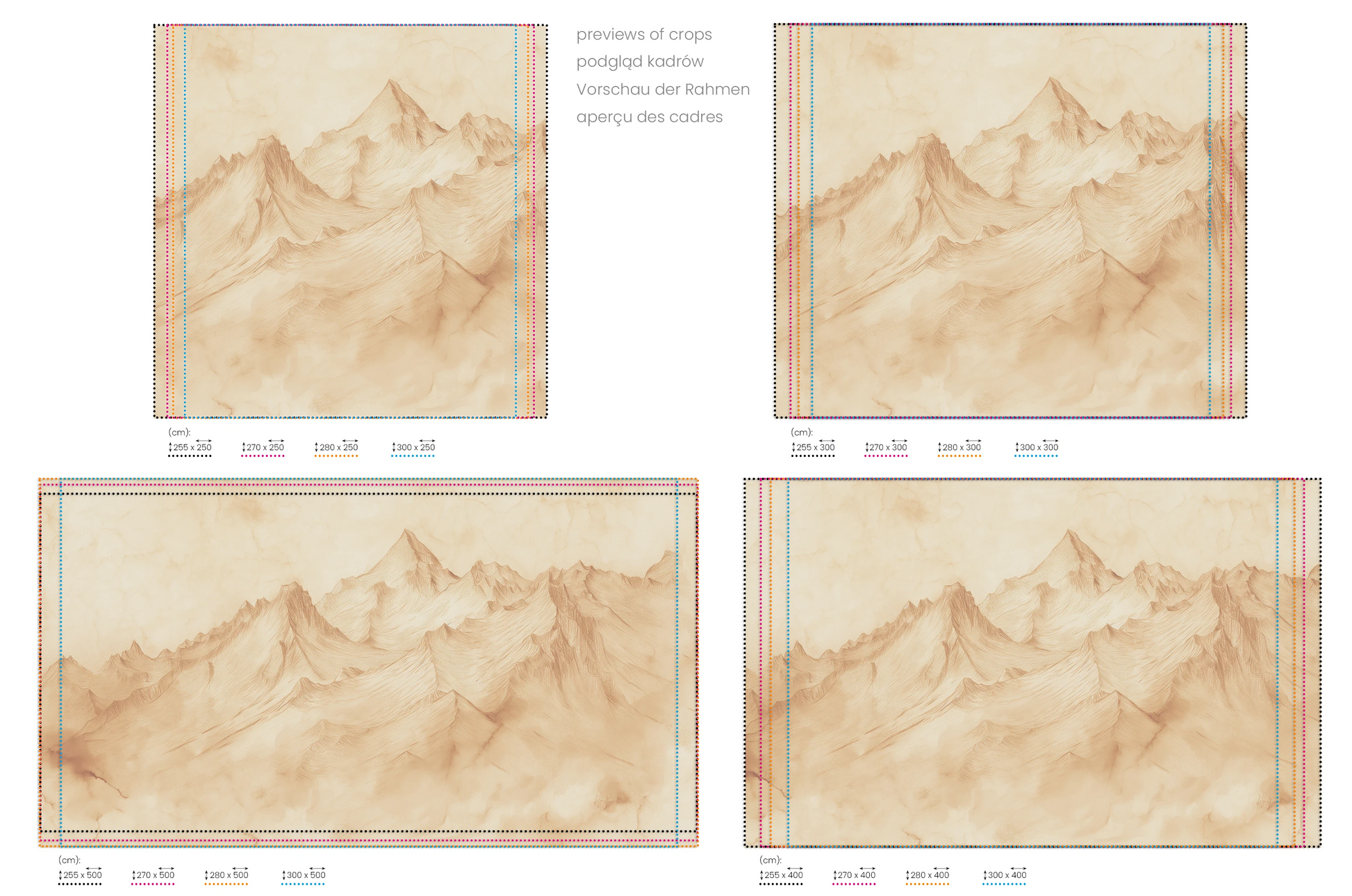 Na obrazie znajduje się prezentacja przykładowych rozmiarów fototapety o nazwie Pastel Canyons. Rozmiar fototapety jest dowolny.