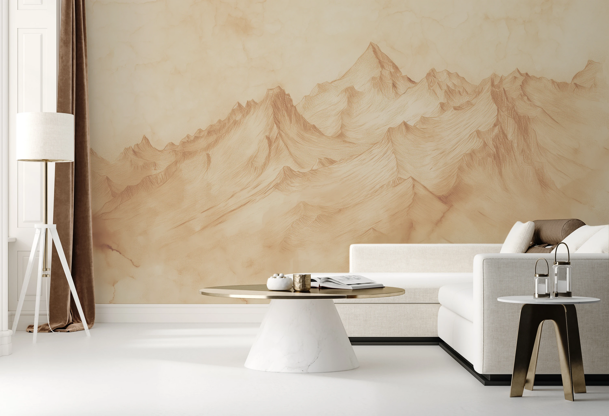 Wzór fototapety malowanej o nazwie Pastel Canyons pokazanej w aranżacji wnętrza.