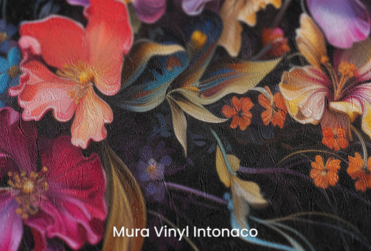 Zbliżenie na artystyczną fototapetę o nazwie Midnight Floral Dance na podłożu Mura Vinyl Intonaco - struktura tartego tynku.