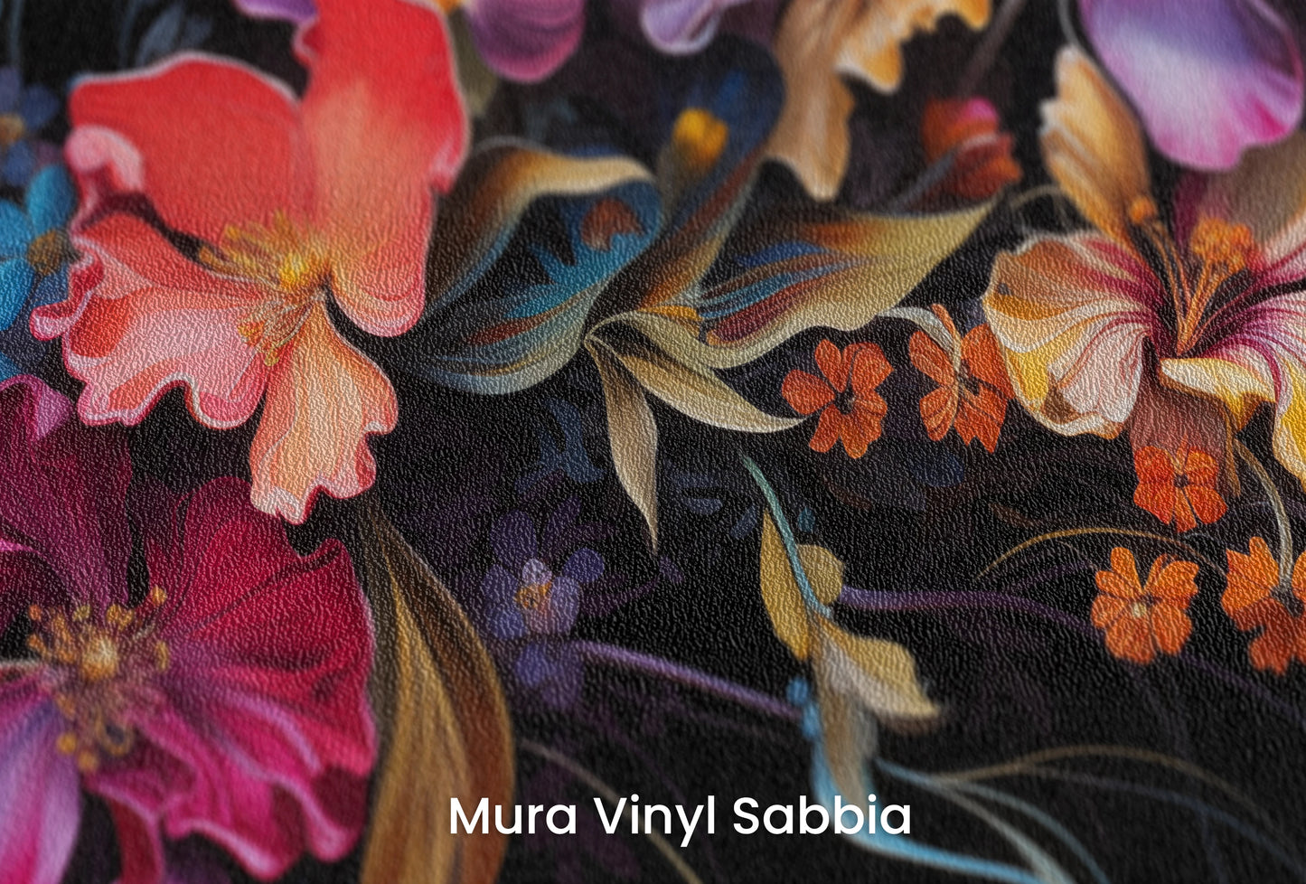 Zbliżenie na artystyczną fototapetę o nazwie Midnight Floral Dance na podłożu Mura Vinyl Sabbia struktura grubego ziarna piasku.
