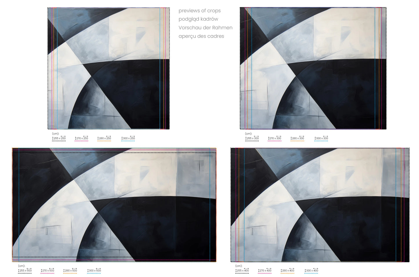 Na obrazie znajduje się prezentacja przykładowych rozmiarów fototapety o nazwie Abstract Curves. Rozmiar fototapety jest dowolny.