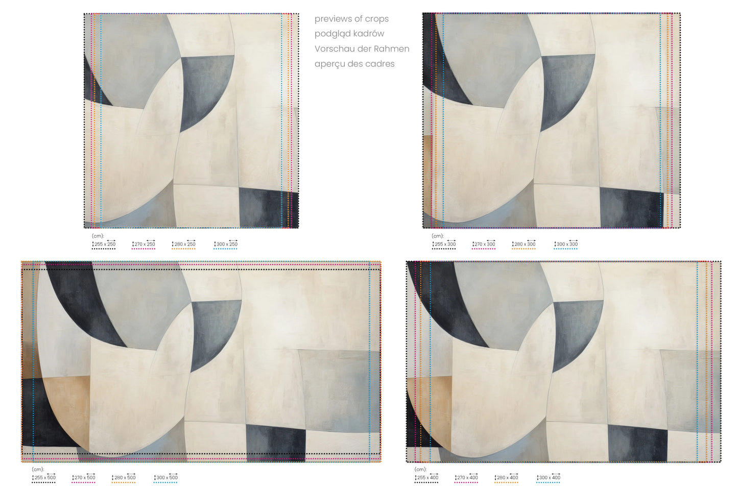 Na obrazie znajduje się prezentacja przykładowych rozmiarów fototapety o nazwie Geometric Harmony #5. Rozmiar fototapety jest dowolny.