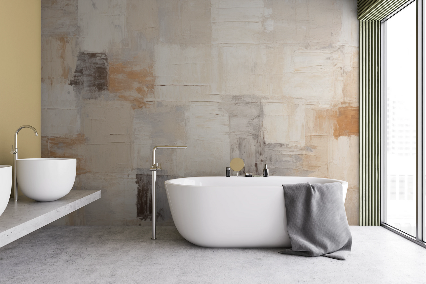 Zdjęcie prezentuje aranżację wnętrza z użyciem fototapety o nazwie Tonal Elegance #2 pokazanej w aranżacji wnętrza.