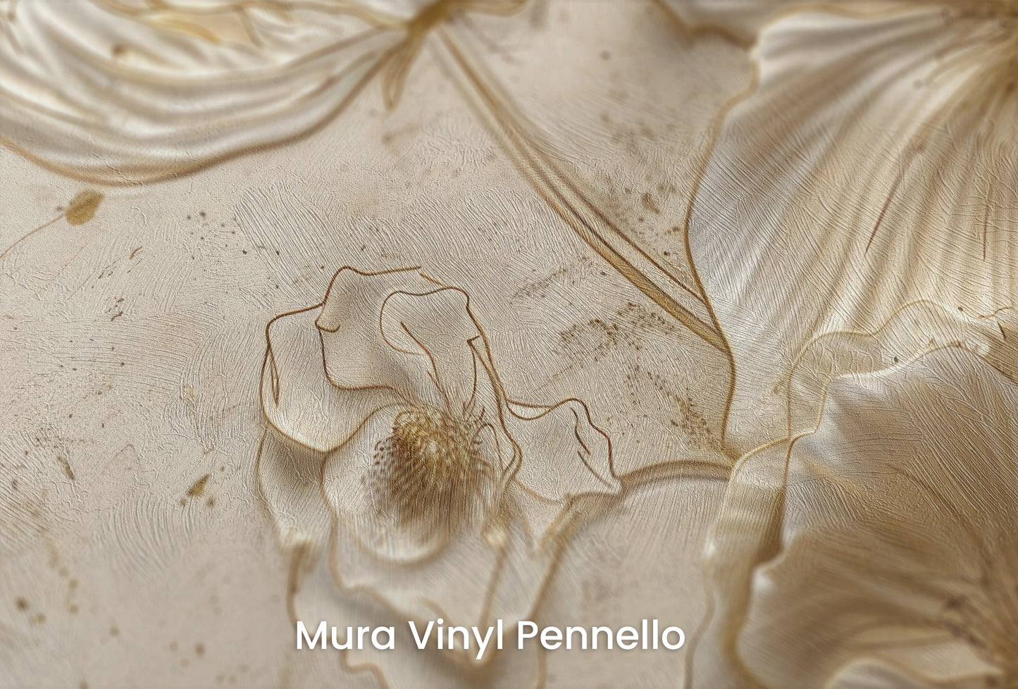 Zbliżenie na artystyczną fototapetę o nazwie Golden Petals na podłożu Mura Vinyl Pennello - faktura pociągnięć pędzla malarskiego.