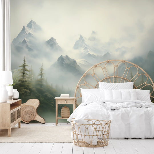 Wzór fototapety artystycznej o nazwie Verdant Peaks pokazanej w aranżacji wnętrza.