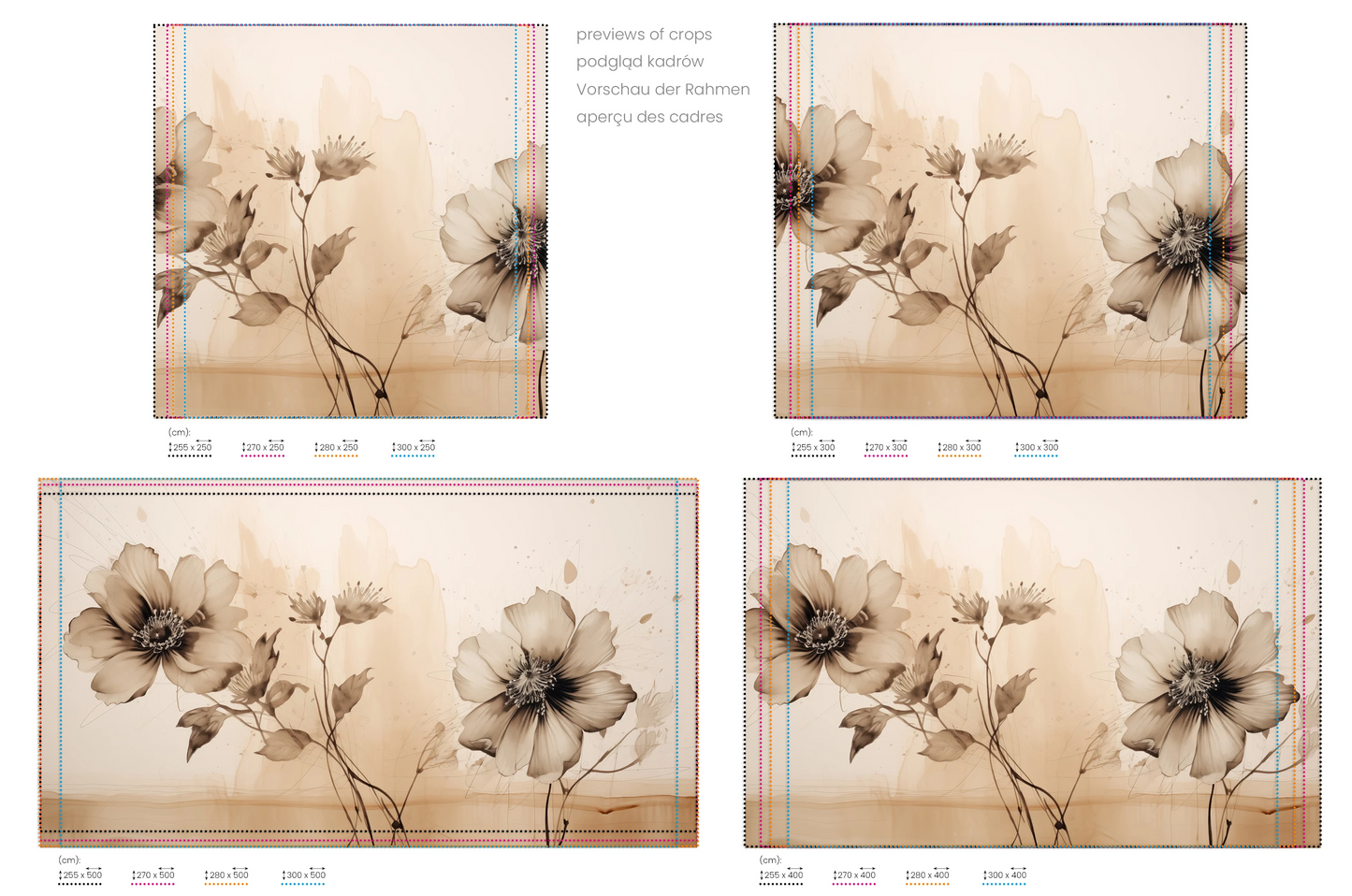 Na obrazie znajduje się prezentacja przykładowych rozmiarów fototapety o nazwie Monochrome Botanica. Rozmiar fototapety jest dowolny.