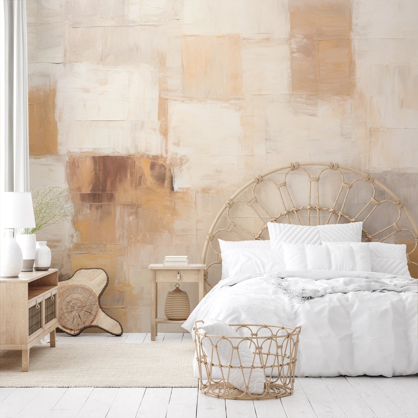 Wzór fototapety artystycznej o nazwie Beige Mosaic pokazanej w aranżacji wnętrza.
