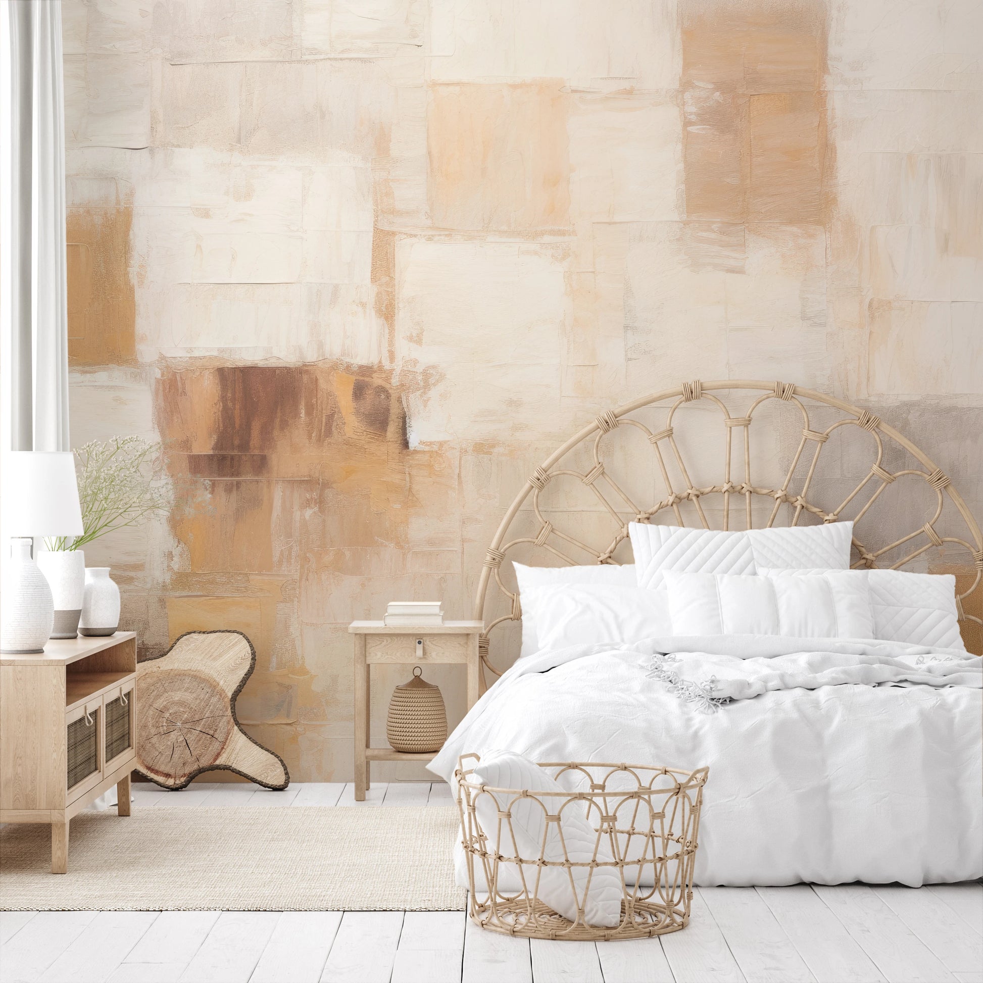 Wzór fototapety artystycznej o nazwie Beige Mosaic pokazanej w aranżacji wnętrza.