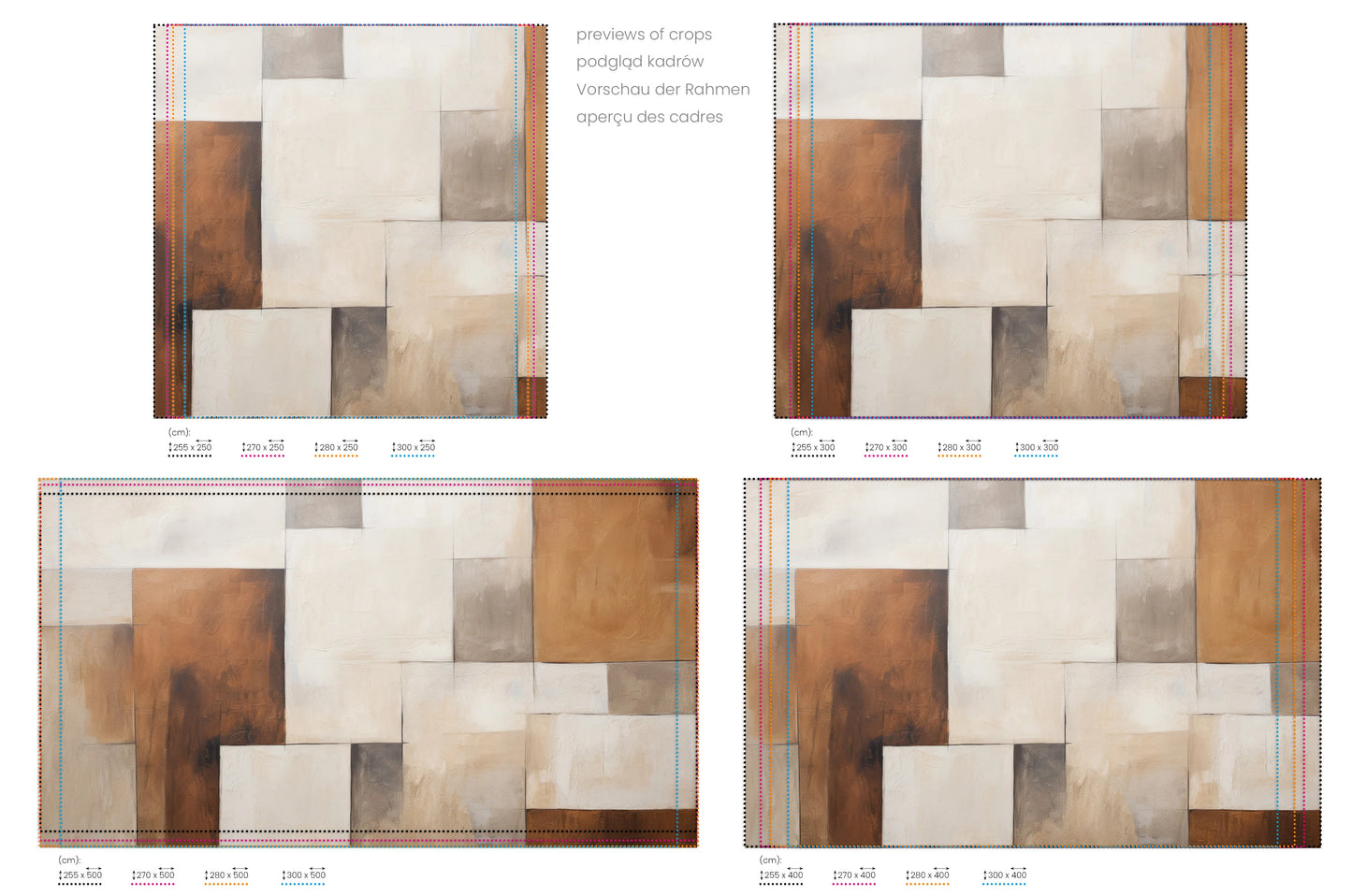 Na obrazie znajduje się prezentacja przykładowych rozmiarów fototapety o nazwie Abstract Earth Tones. Rozmiar fototapety jest dowolny.