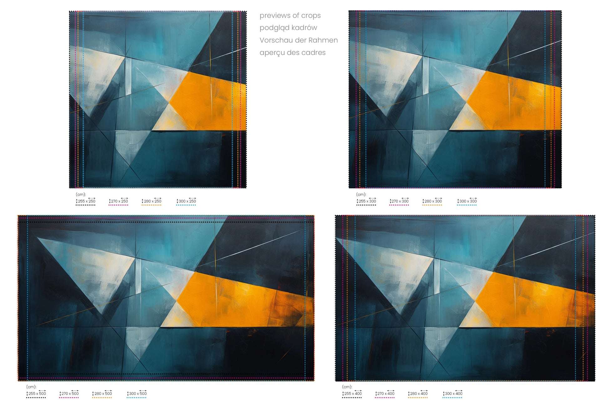 Na obrazie znajduje się prezentacja przykładowych rozmiarów fototapety o nazwie Vibrant Geometric Contrast. Rozmiar fototapety jest dowolny.