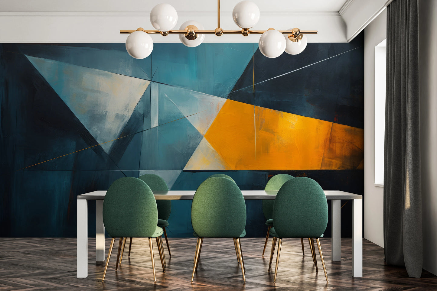 Wzór fototapety artystycznej o nazwie Vibrant Geometric Contrast pokazanej w aranżacji wnętrza.