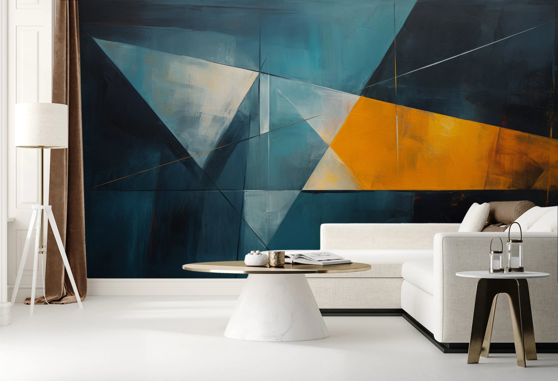 Fototapeta artystyczna o nazwie Vibrant Geometric Contrast pokazana w aranżacji wnętrza.