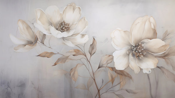 Whispering Magnolias - Papier peint floral avec des magnolias peintes en beige doux