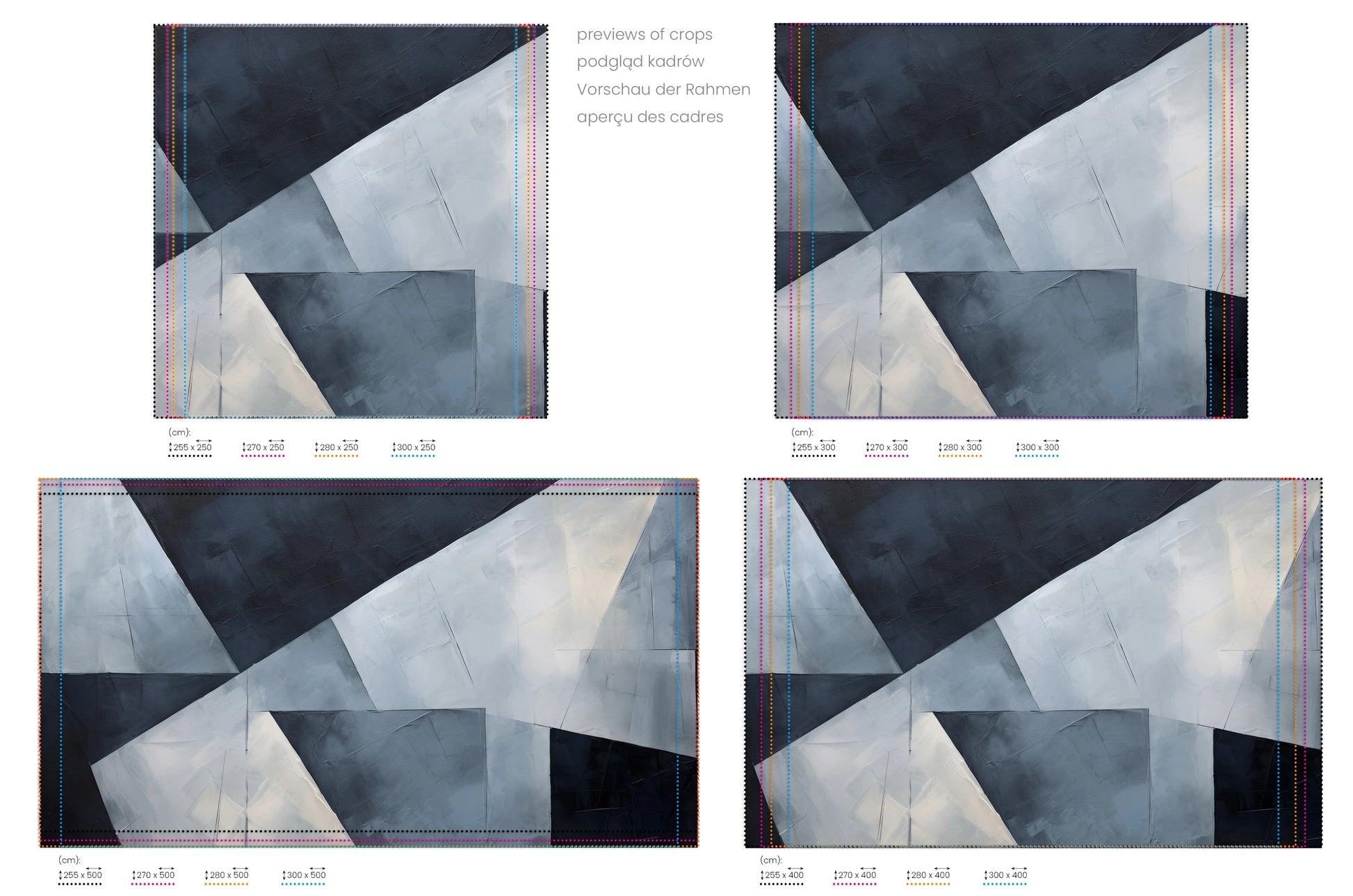 Na obrazie znajduje się prezentacja przykładowych rozmiarów fototapety o nazwie Elegant Geometric Simplicity. Rozmiar fototapety jest dowolny.