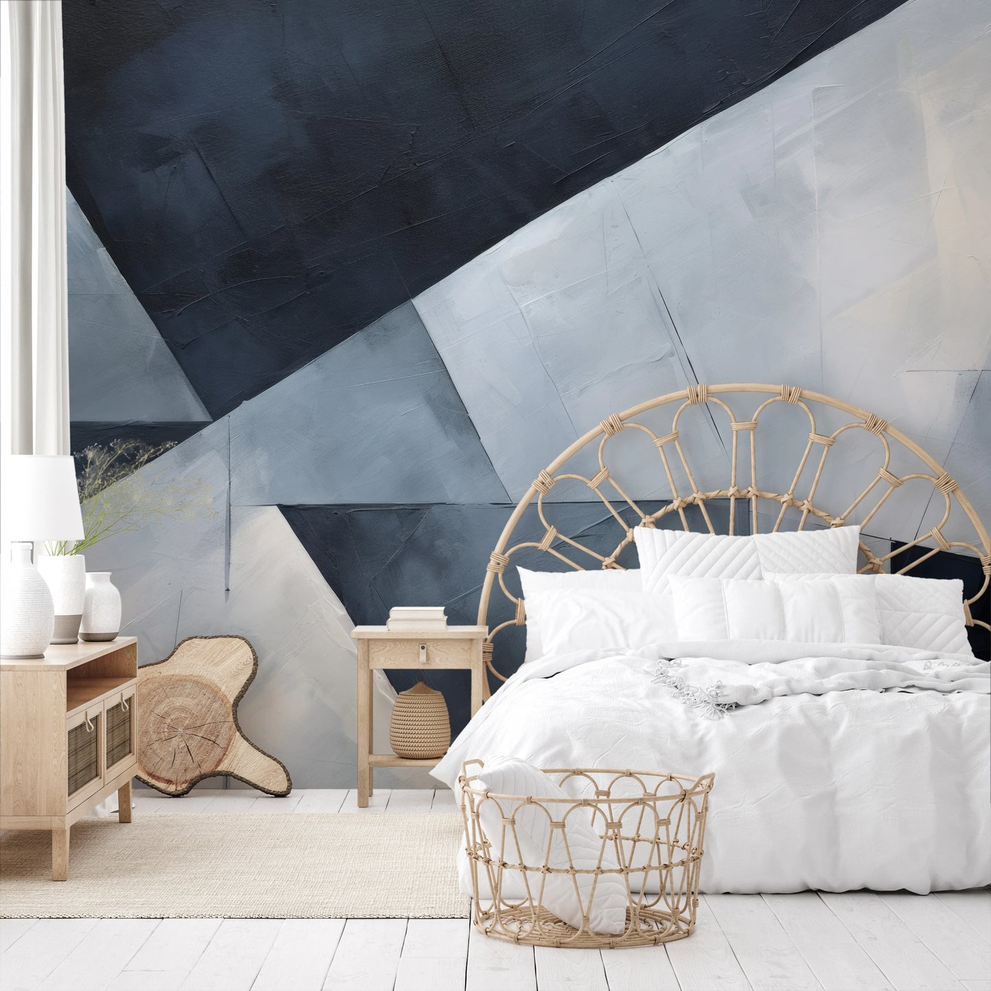 Zdjęcie prezentuje aranżację wnętrza z użyciem fototapety o nazwie Elegant Geometric Simplicity pokazanej w aranżacji wnętrza.