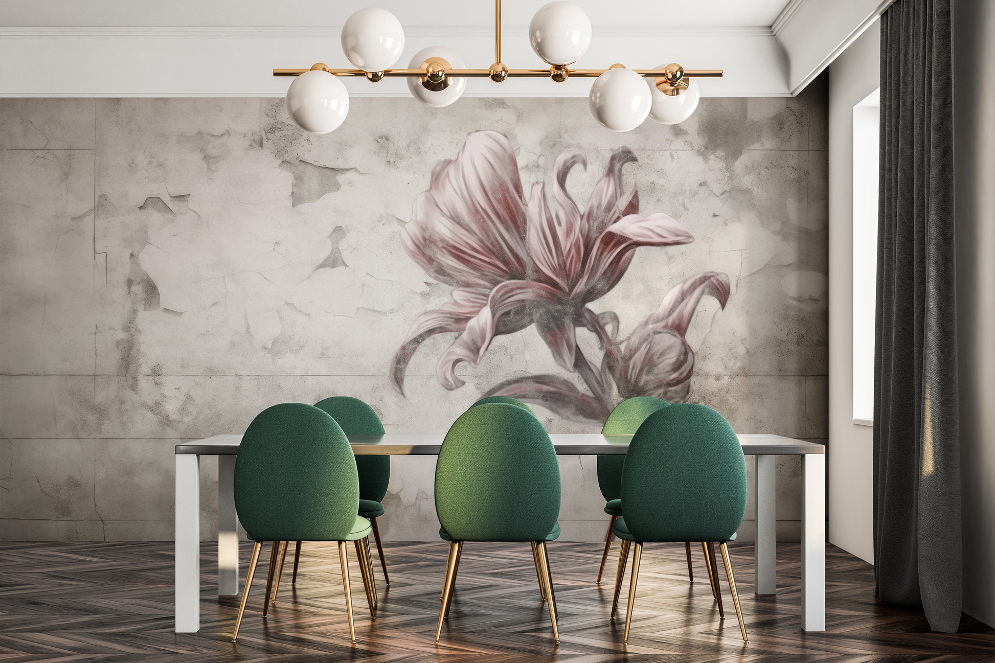 Wzór fototapety o nazwie FLORAL ELEGANCE IN MONOCHROME pokazanej w kontekście pomieszczenia.