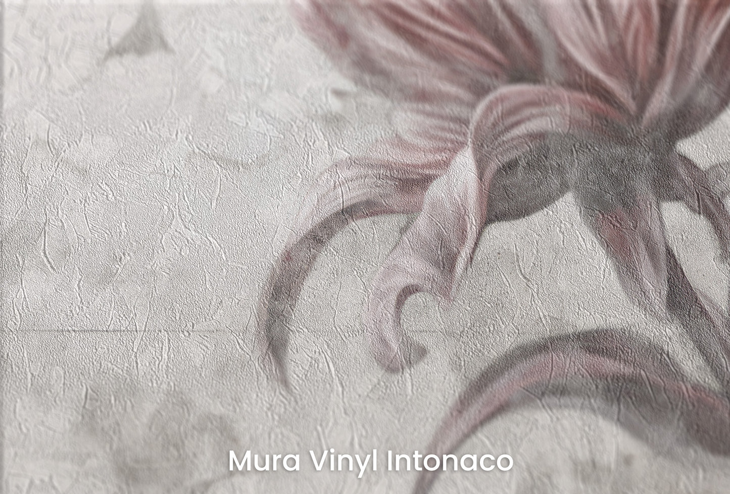 Zbliżenie na artystyczną fototapetę o nazwie FLORAL ELEGANCE IN MONOCHROME na podłożu Mura Vinyl Intonaco - struktura tartego tynku.