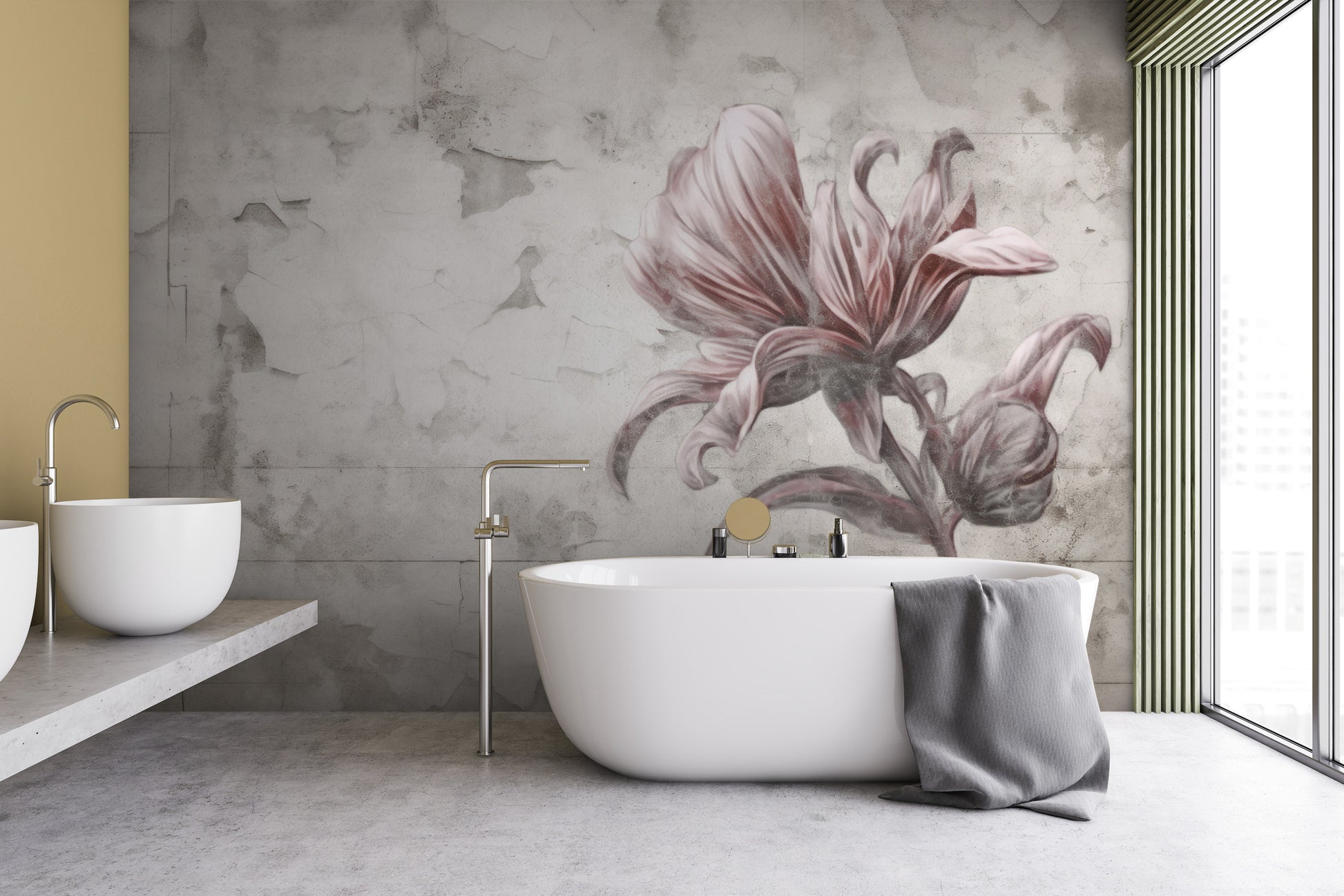 Fototapeta malowana o nazwie FLORAL ELEGANCE IN MONOCHROME pokazana w aranżacji wnętrza.