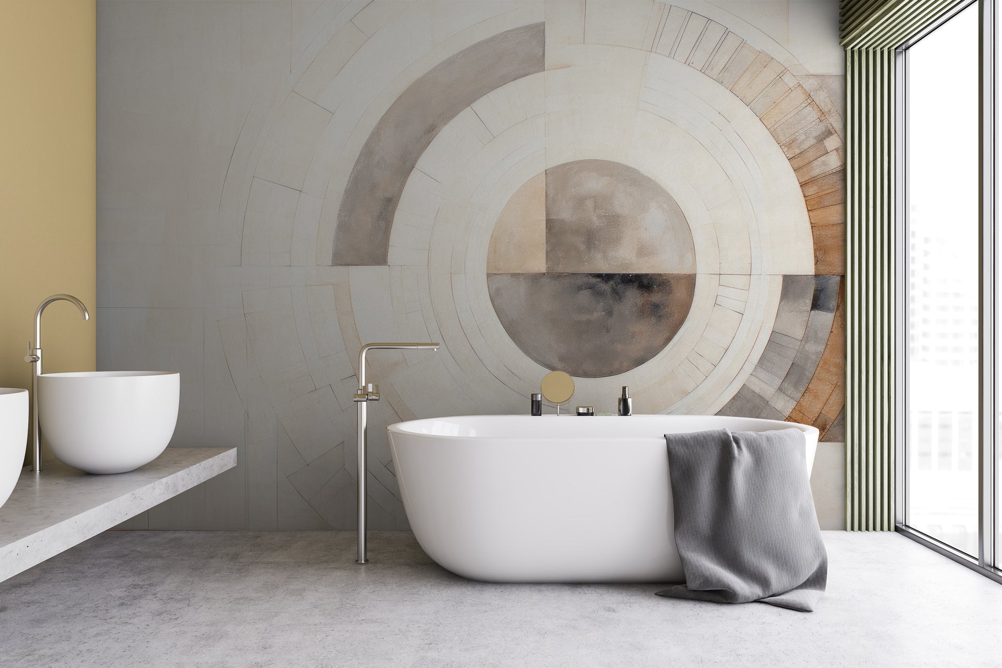 Wzór fototapety malowanej o nazwie GEOMETRIC SPHERICAL ECLIPSE pokazanej w aranżacji wnętrza.