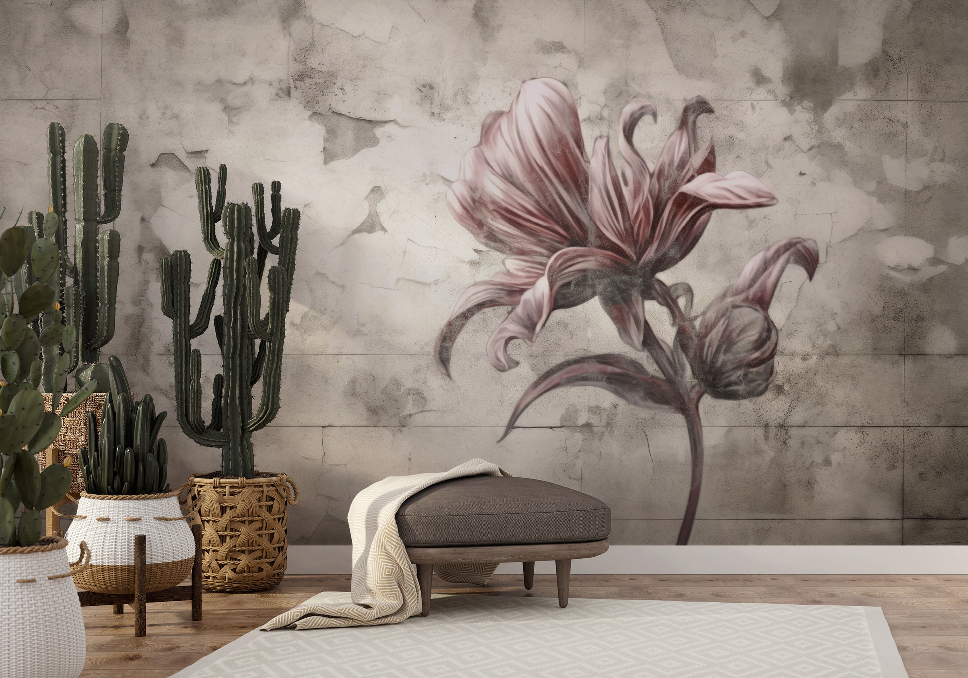 Wzór fototapety artystycznej o nazwie FLORAL ELEGANCE IN MONOCHROME pokazanej w aranżacji wnętrza.