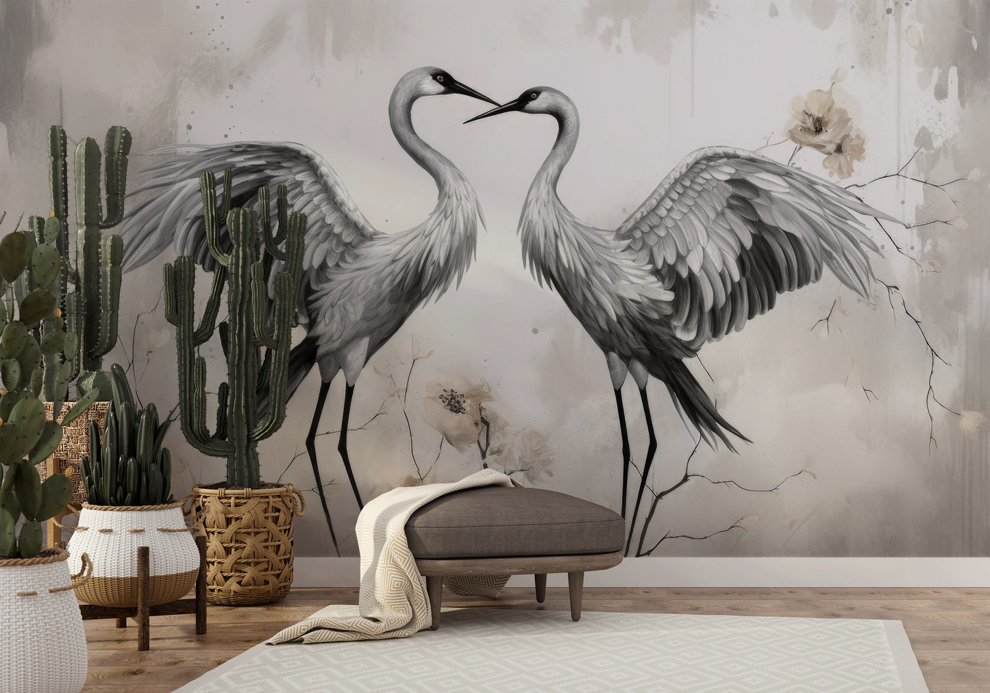 Zdjęcie prezentuje aranżację wnętrza z użyciem fototapety o nazwie Elegant Cranes pokazanej w aranżacji wnętrza.