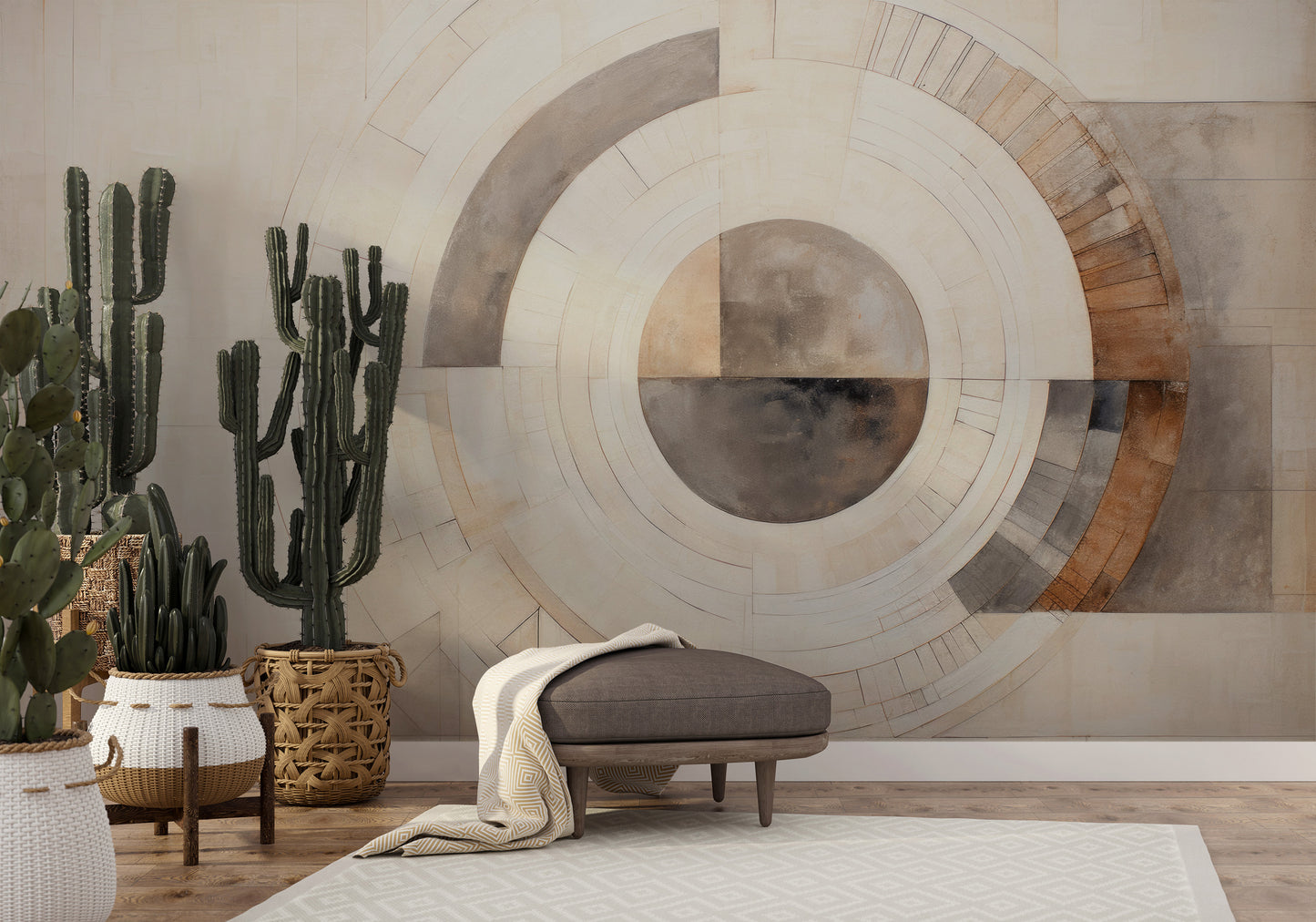 Zdjęcie prezentuje aranżację wnętrza z użyciem fototapety o nazwie GEOMETRIC SPHERICAL ECLIPSE pokazanej w aranżacji wnętrza.