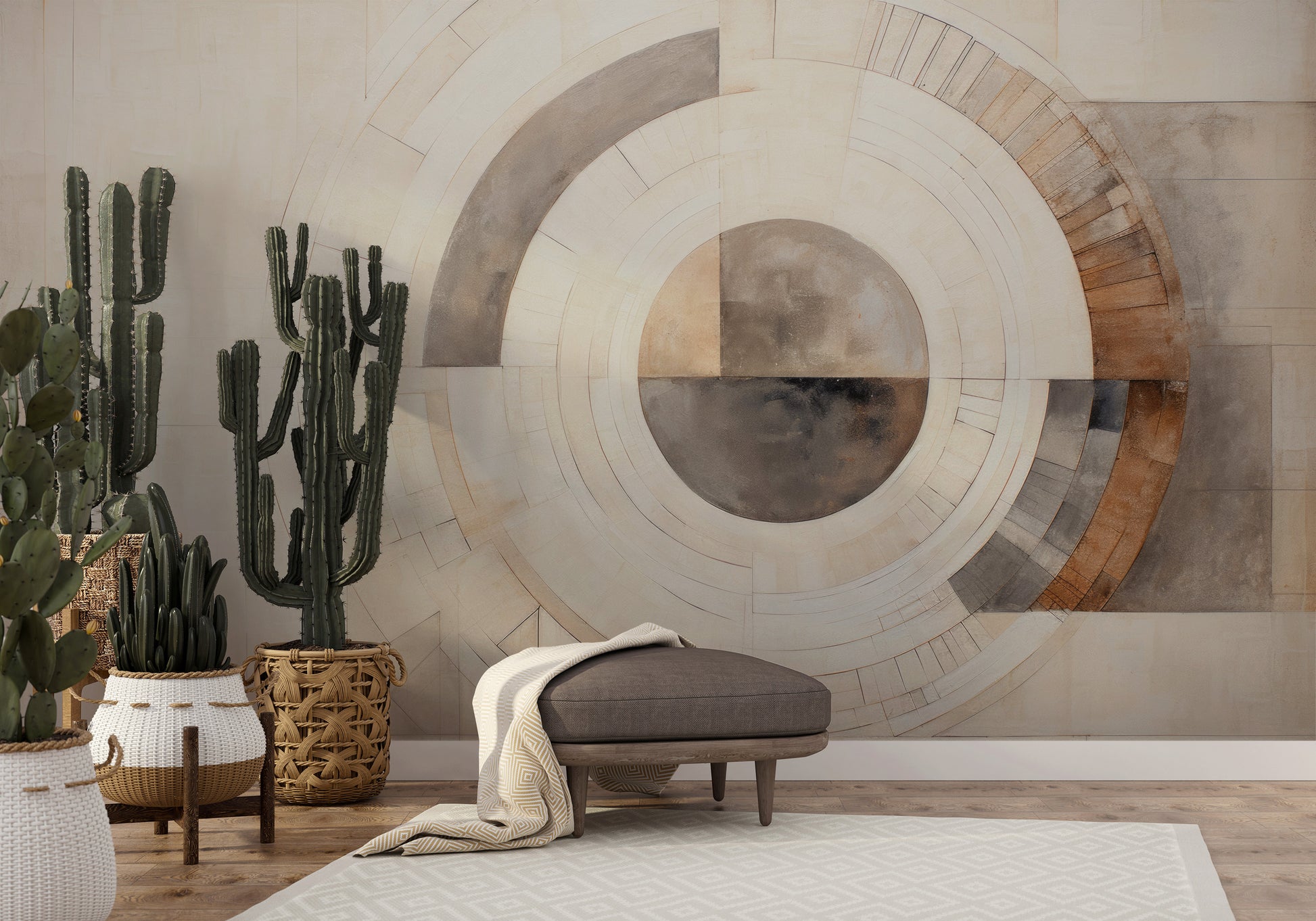 Zdjęcie prezentuje aranżację wnętrza z użyciem fototapety o nazwie GEOMETRIC SPHERICAL ECLIPSE pokazanej w aranżacji wnętrza.